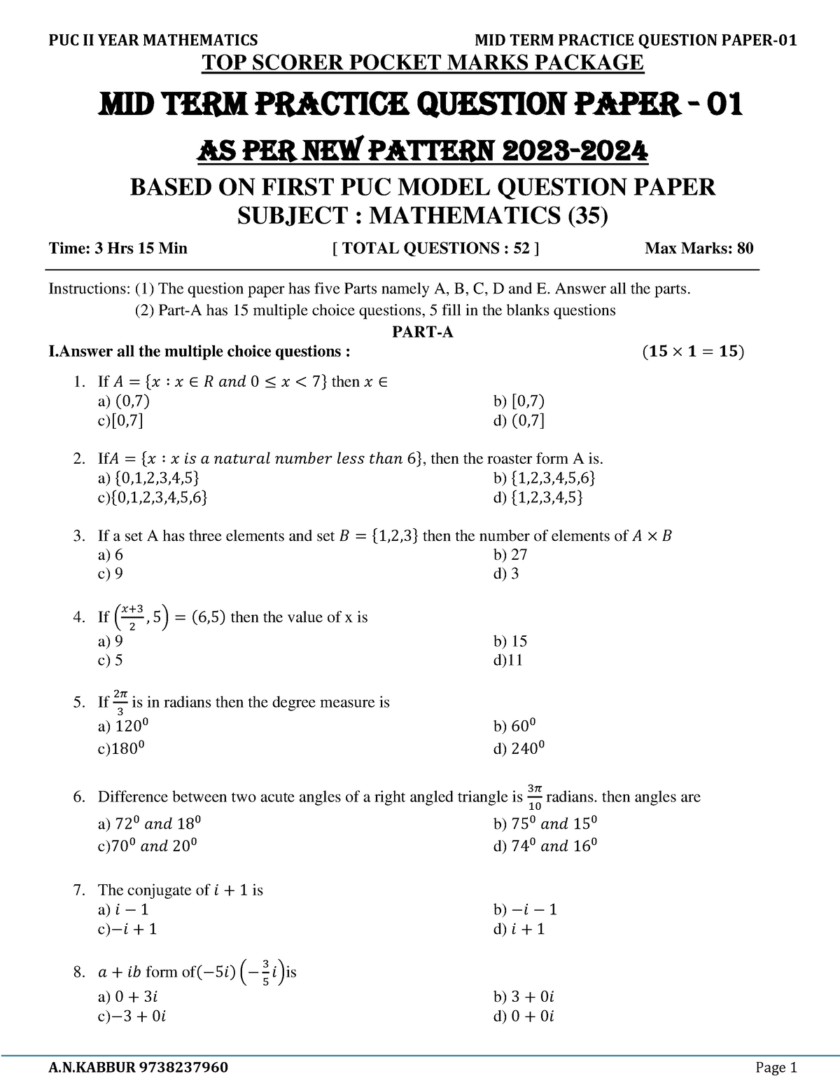 Mid Term Qp 01 Puc I Maths 2023 Puc Ii Year Mathematics Mid Term