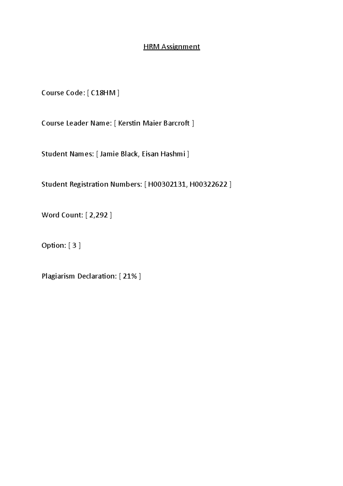 HRM Assignment .docx final draft - HRM Assignment Course Code: [ C18HM ...