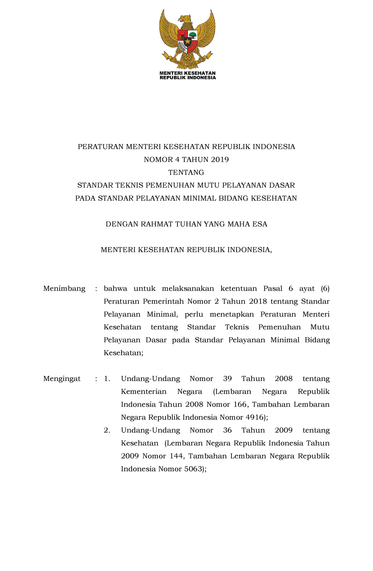 Permenkes Nomor 4 Tahun 2019 - PERATURAN MENTERI KESEHATAN REPUBLIK ...