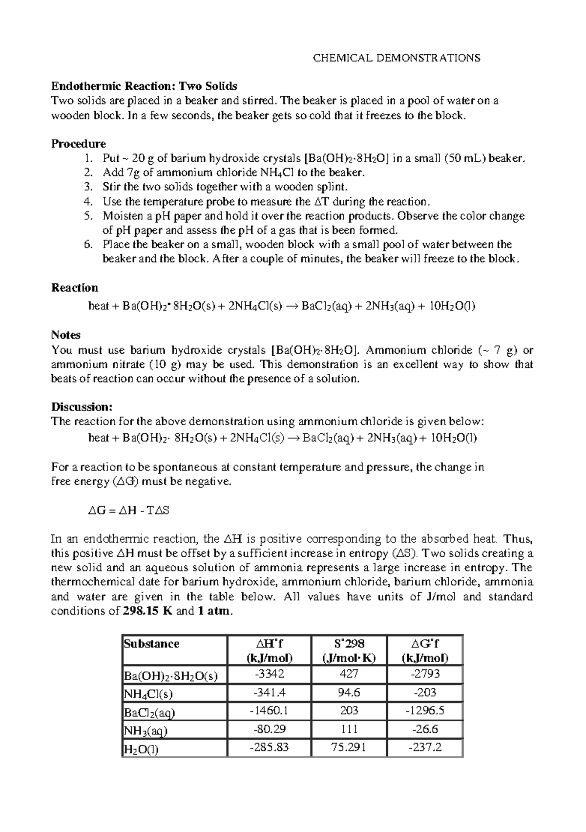 Endothermic Reaction Two Solids Chemical Demostrations Vol 1