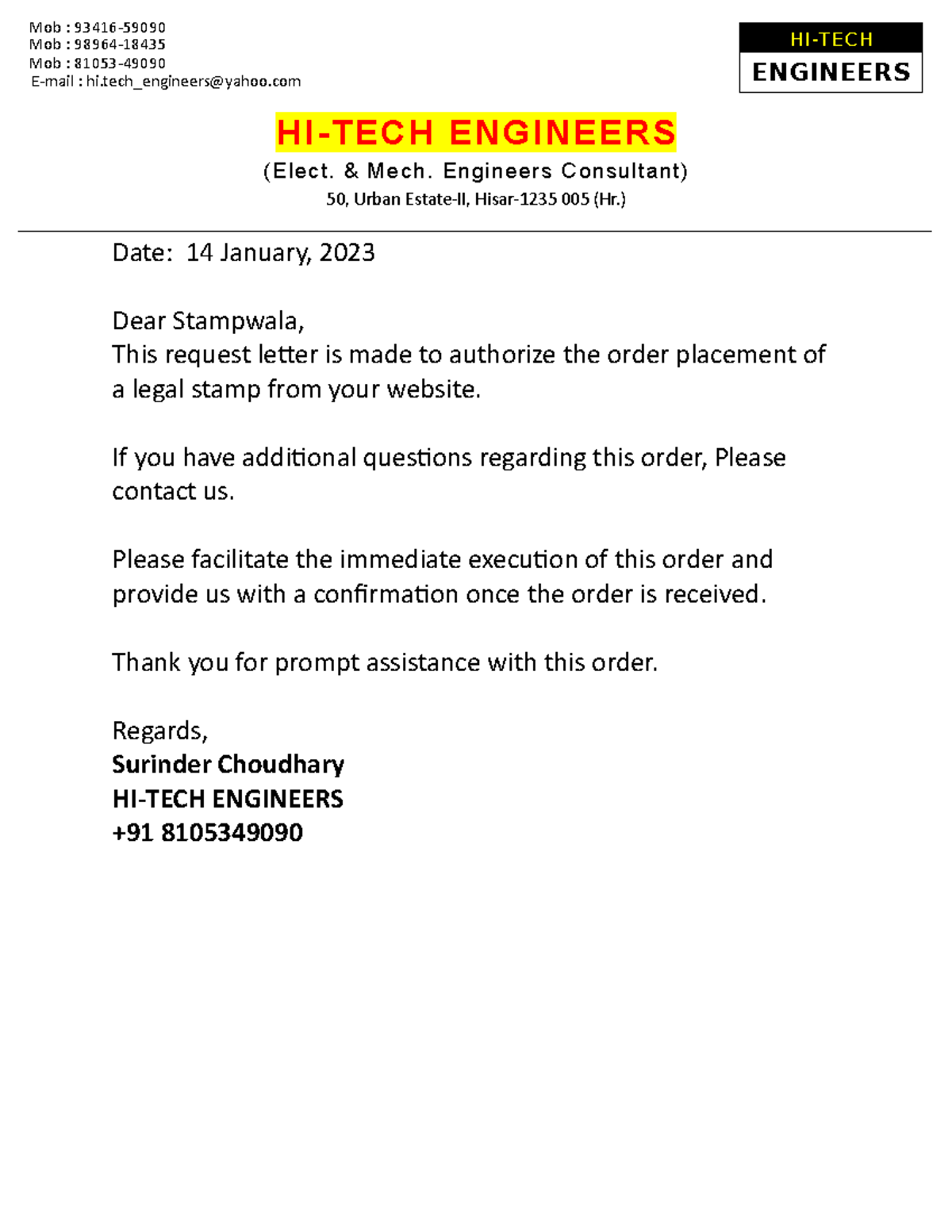 Stampvala Authorization letter - HI-TECH ENGINEERS Mob : 93416- Mob ...