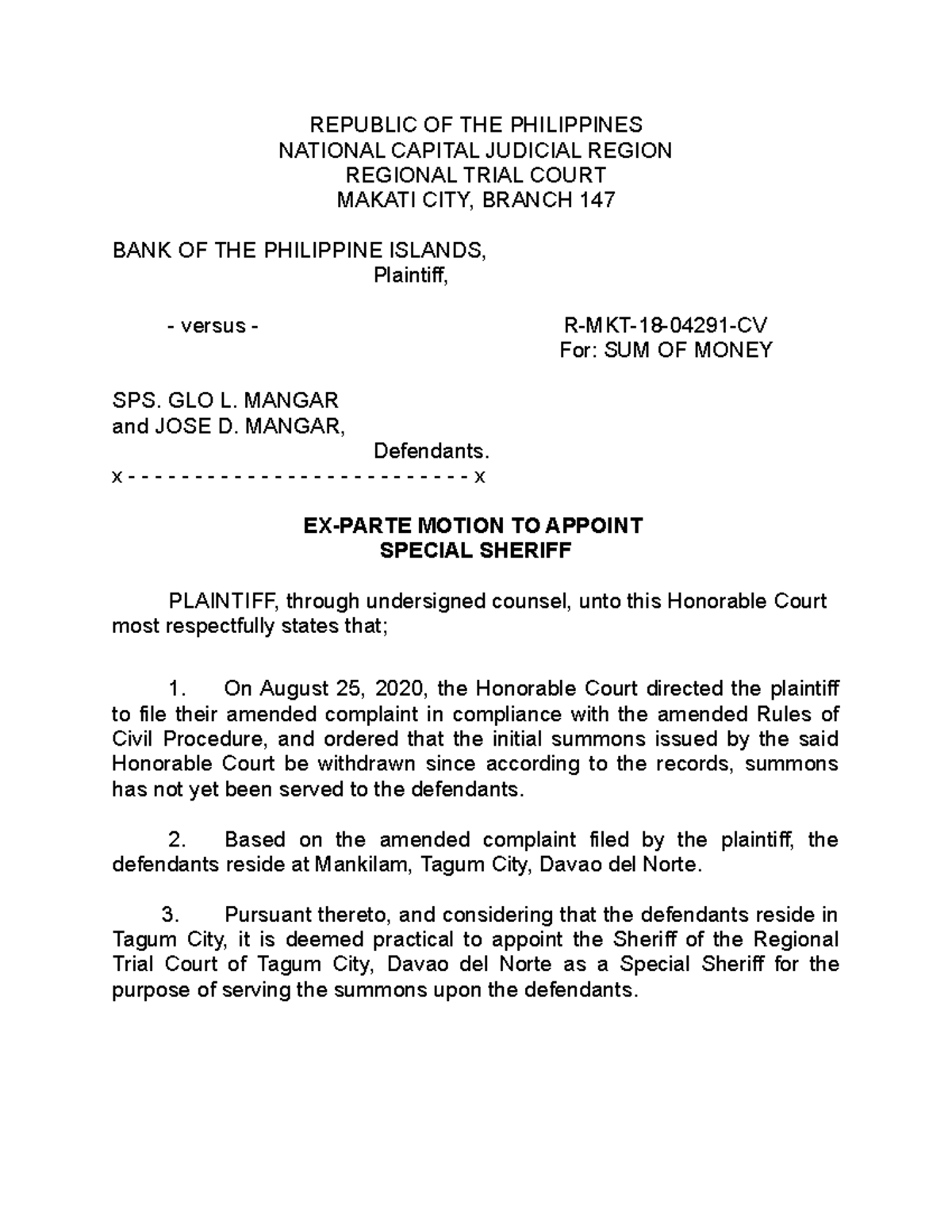 Motion to appoint special sheriff REPUBLIC OF THE PHILIPPINES