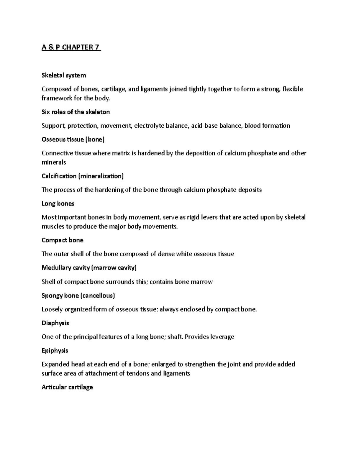 A And P Chapter 7 - NOTES/REVIEW - A & P CHAPTER 7 Skeletal System ...