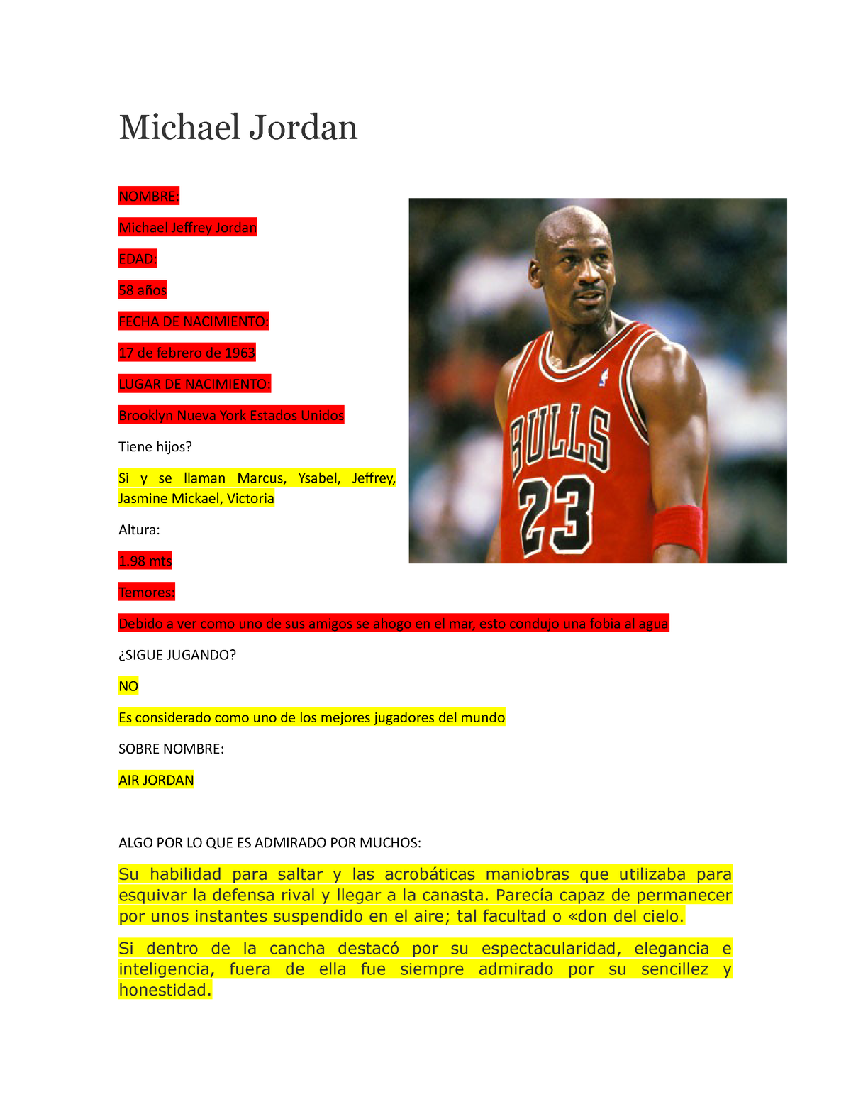 carga Mediana ballena Michael Jordan VIDA - Michael Jordan NOMBRE: Michael Jeffrey Jordan EDAD:  58 años FECHA DE - StuDocu