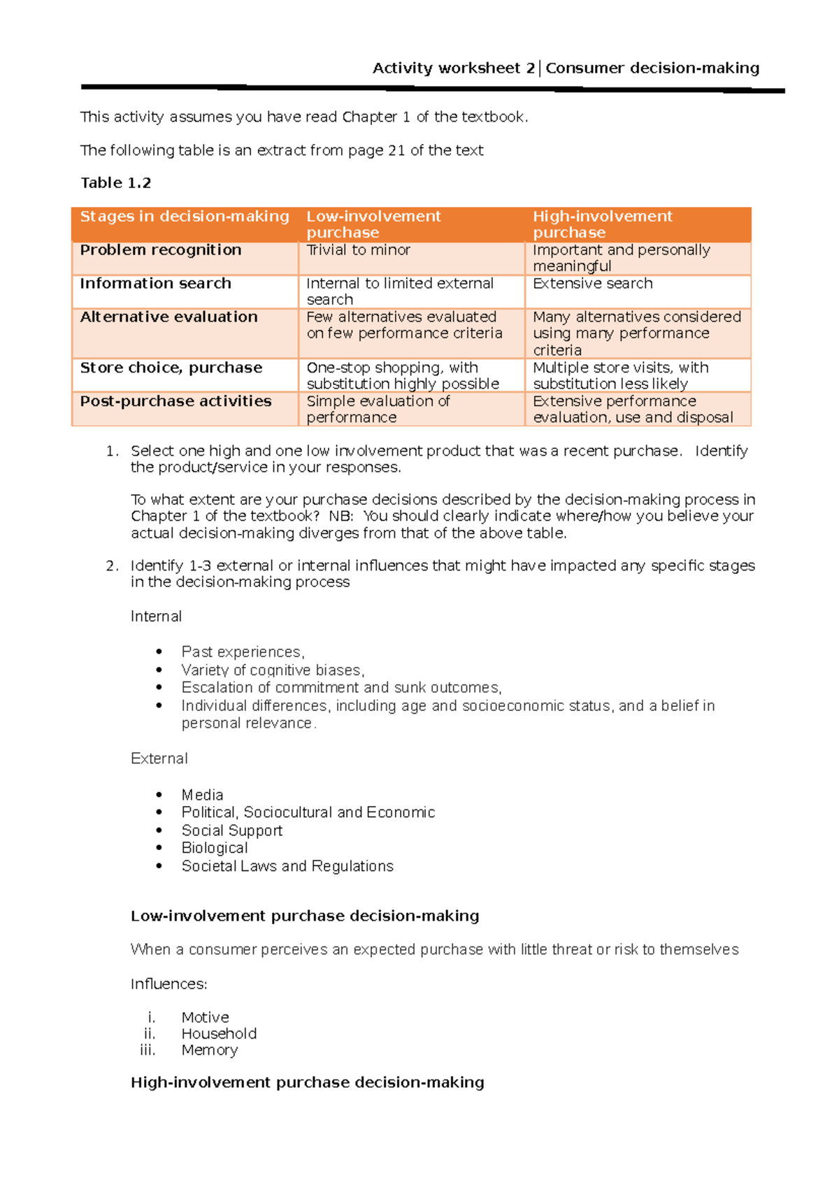 2 Consumer decision making - Activity worksheet 2 │ Consumer decision ...