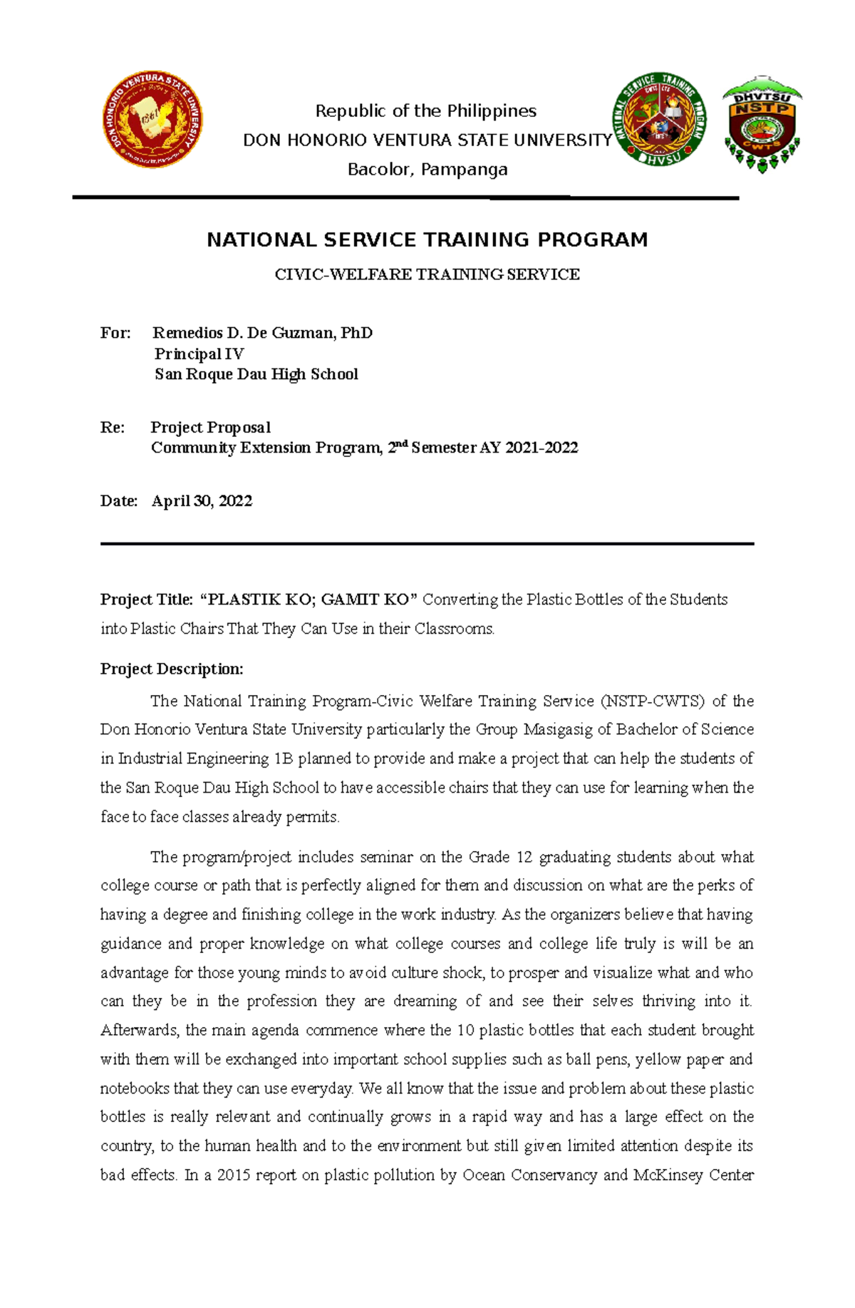 Project- Proposal (Group Masigasig) - Republic of the Philippines DON ...