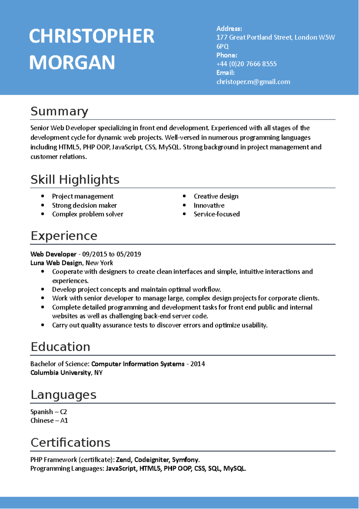 Template cv - Basic structure of cv - Summary Senior Web Developer ...