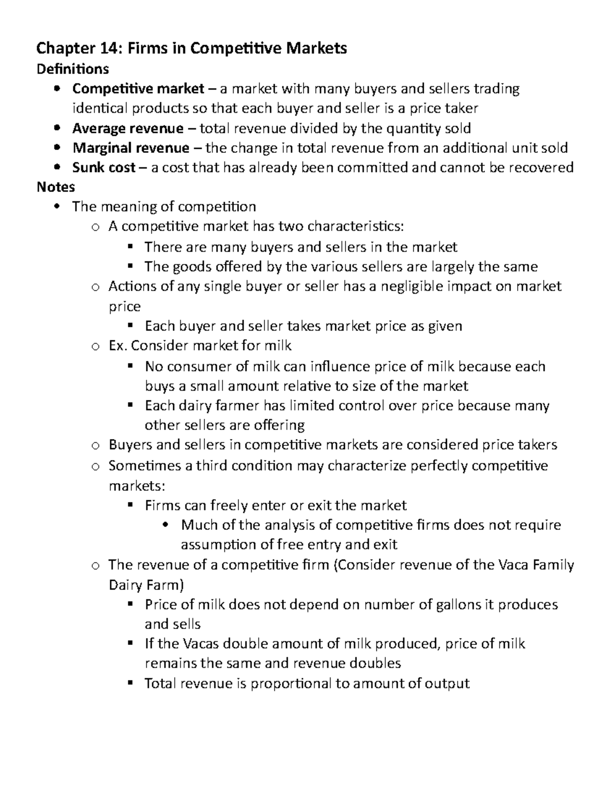 Chapter 14 Notes - Chapter 14: Firms In Competitive Markets Definitions ...