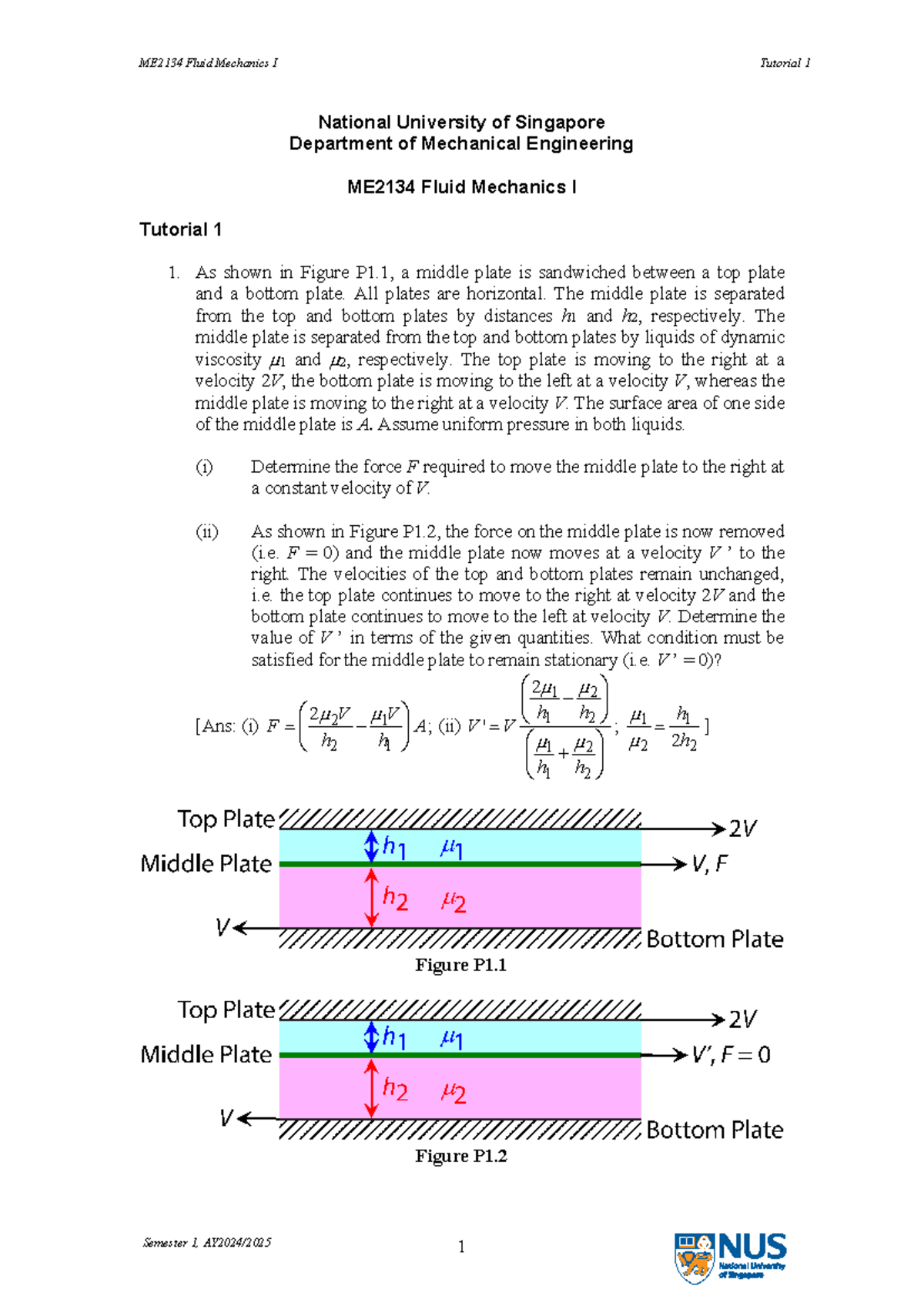 Me2134 Tutorial 1 National University Of Singapore Department Of