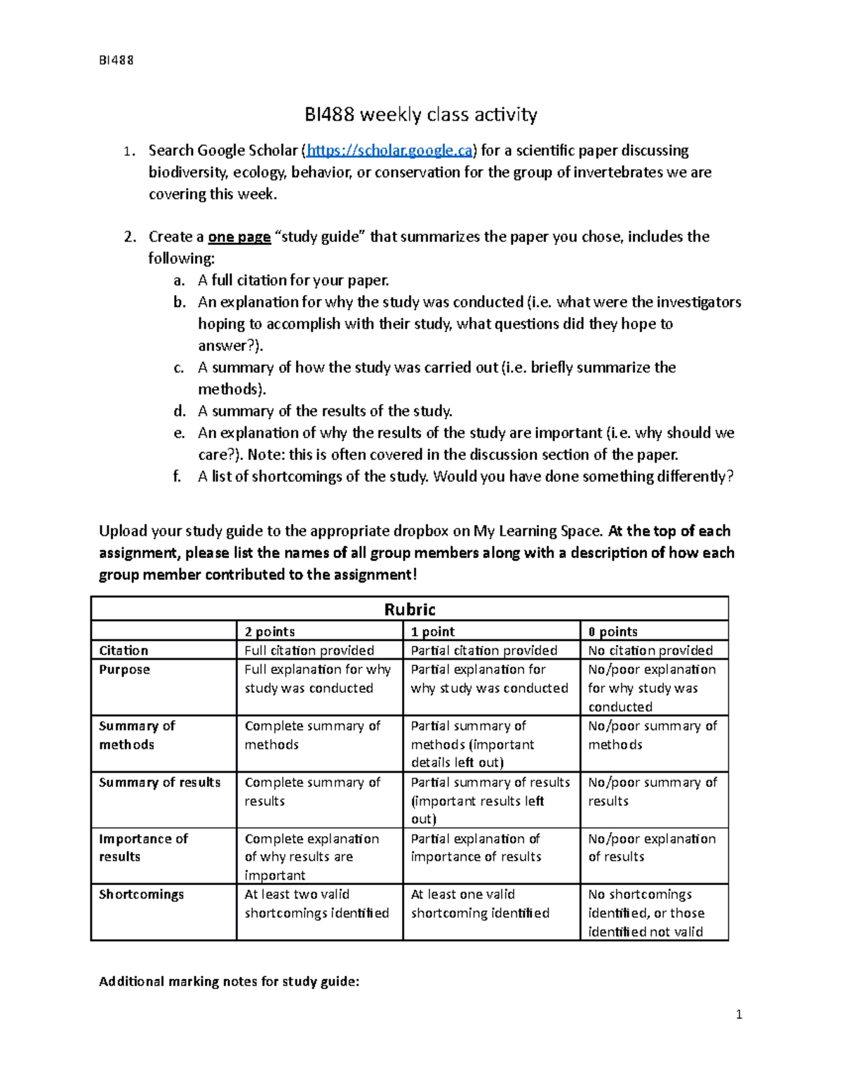 Weekly activities - course work - BI BI488 weekly class activity 1 ...
