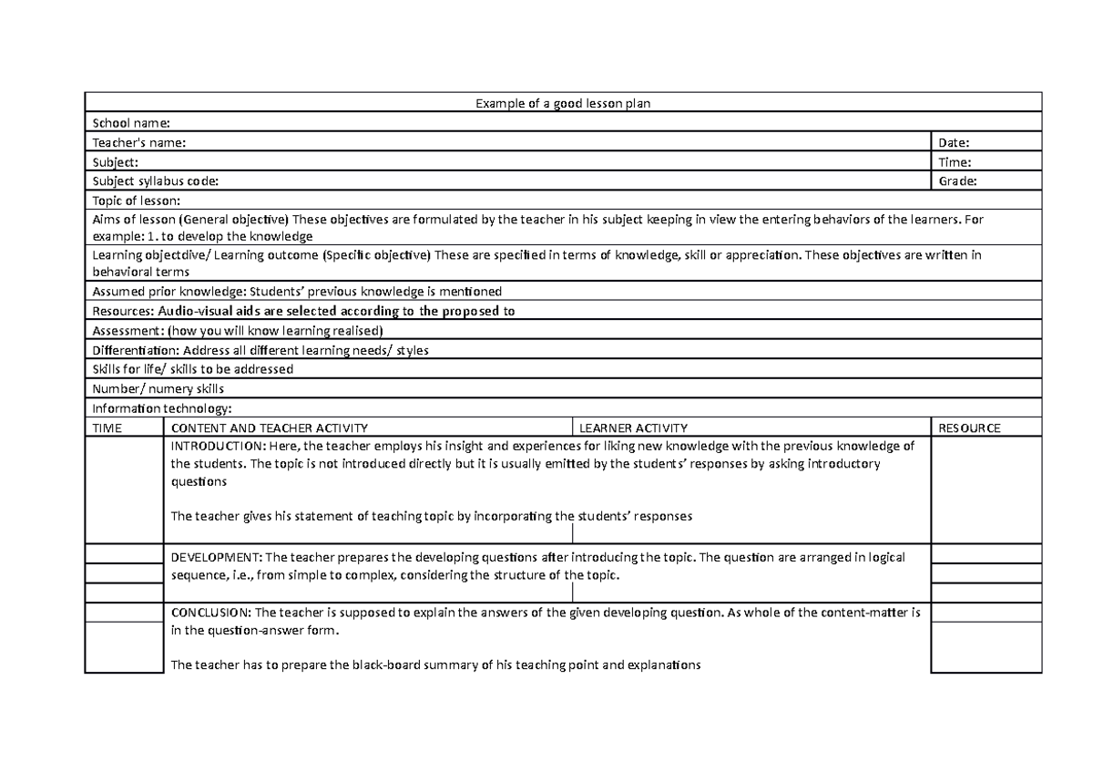 My Example For A Lesson Plan With Explanations Example Of A Good 