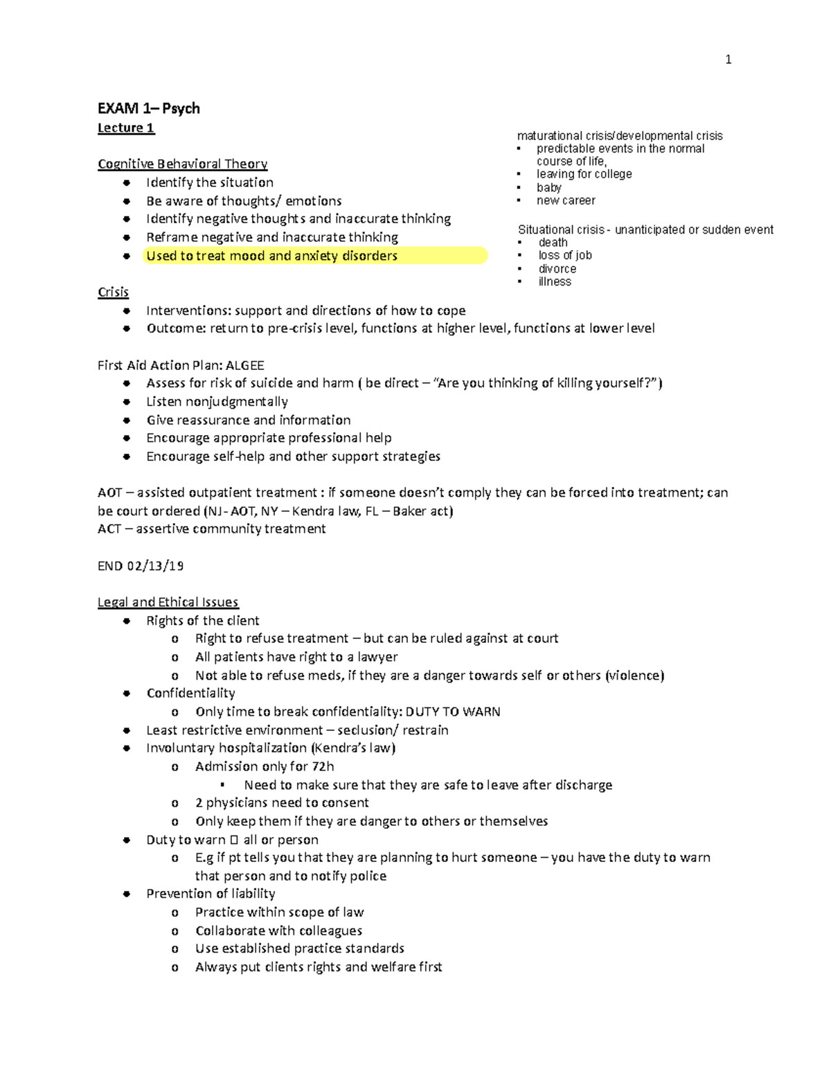 Exam- 1 study guide - EXAM 1– Psych Lecture 1 Cognitive Behavioral ...