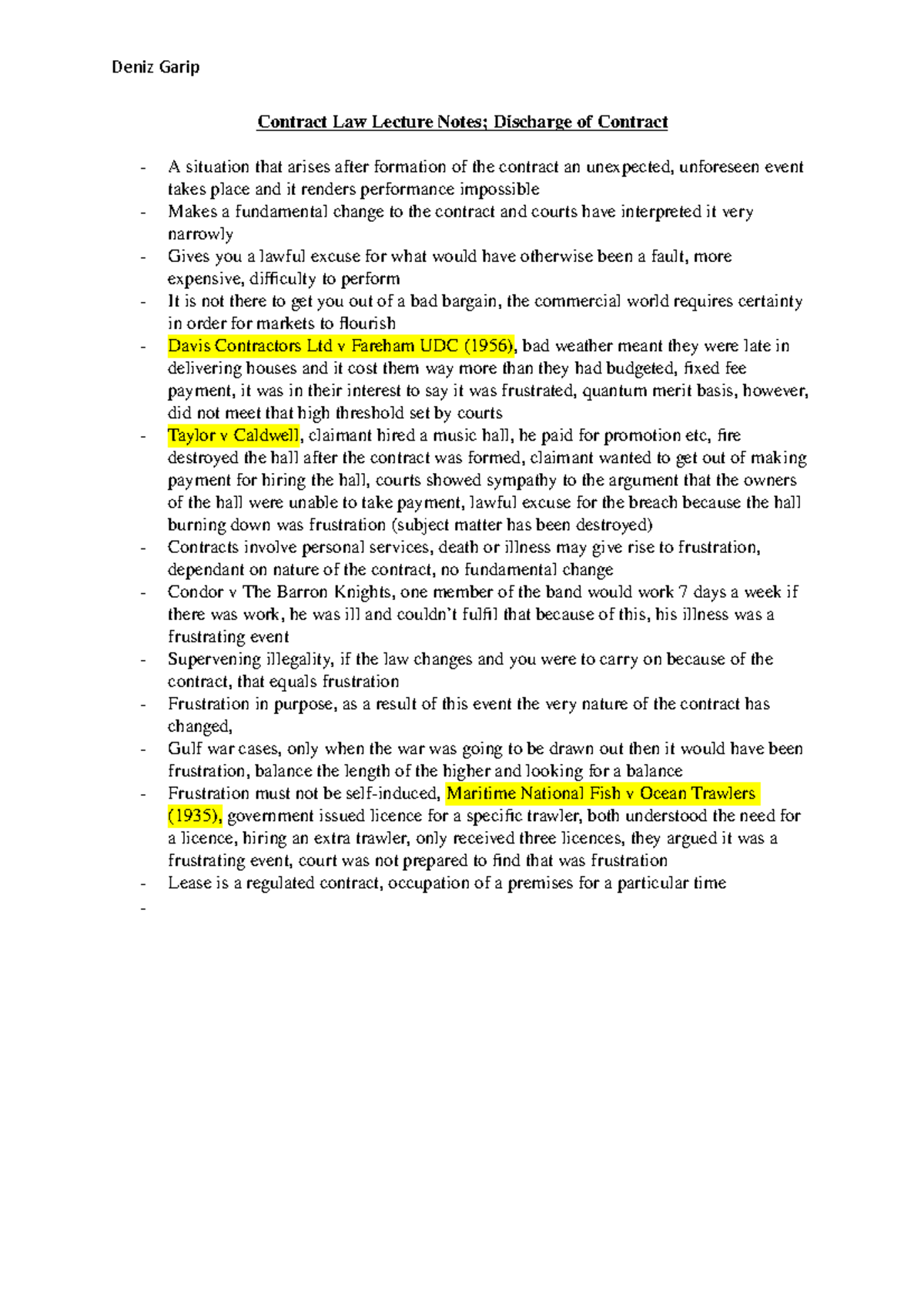 Contract Law Lecture Notes Frustration - Deniz Garip Contract Law ...