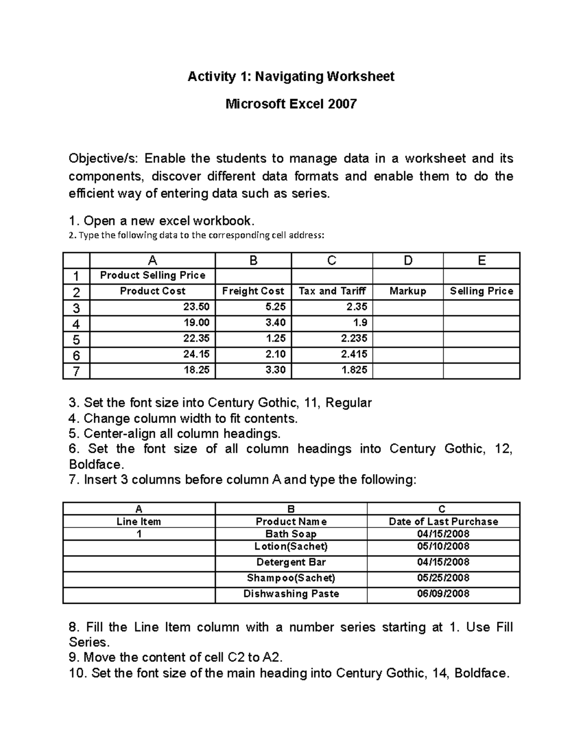 MS Excel Activities - 1st year: 1st Sem - Activity 1: Navigating ...