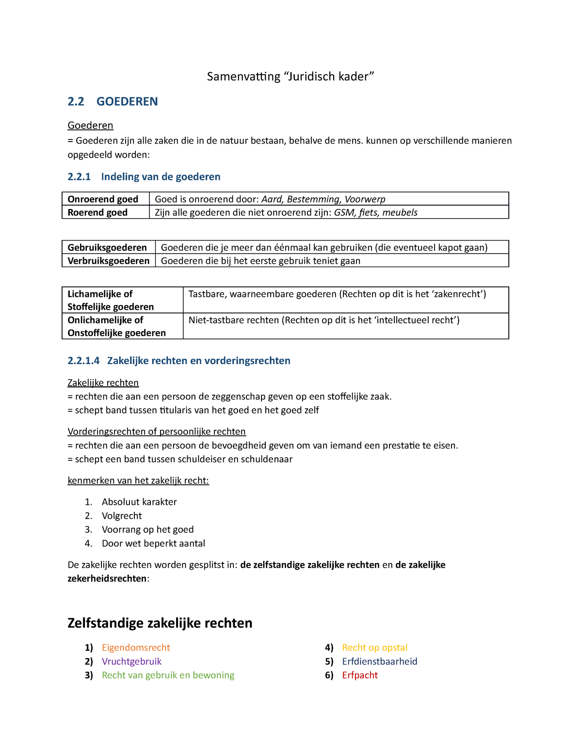 Juridisch Kader - Deel 2 - Samenvatting “Juridisch Kader” 2 GOEDEREN ...