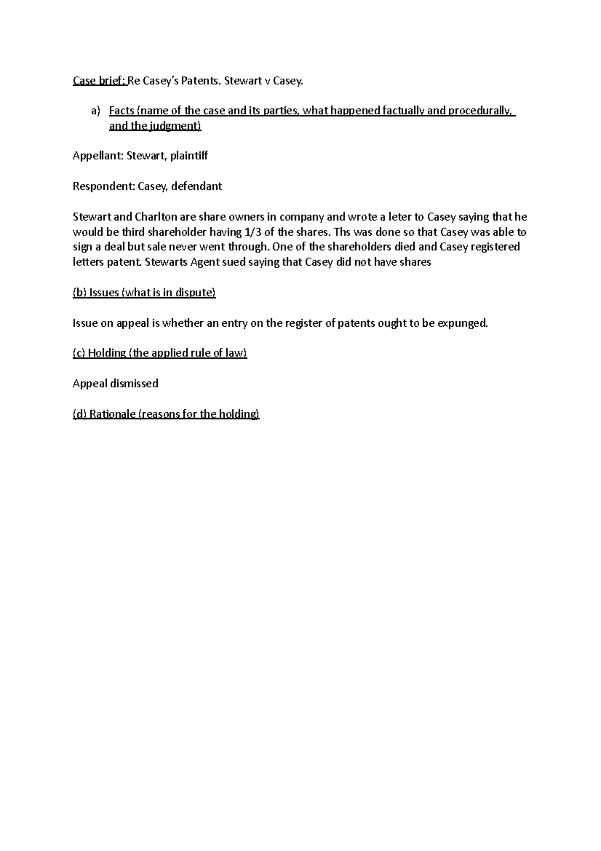 Re Casey’s Patents. Stewart v Casey Case brief Re Casey’s Patents