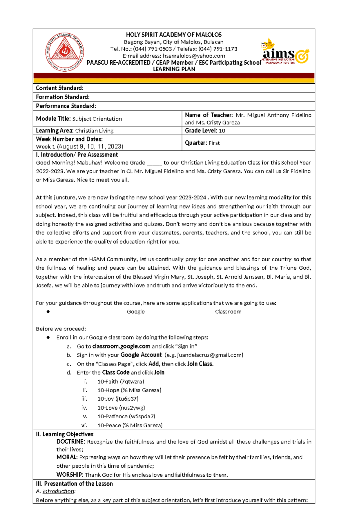 Copy of CL 10 Subject Orientation - HOLY SPIRIT ACADEMY OF MALOLOS ...