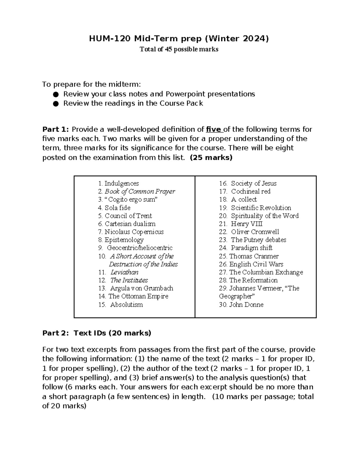 Sample Questions - HUM-120 Mid-Term prep (Winter 2024) Total of 45 ...