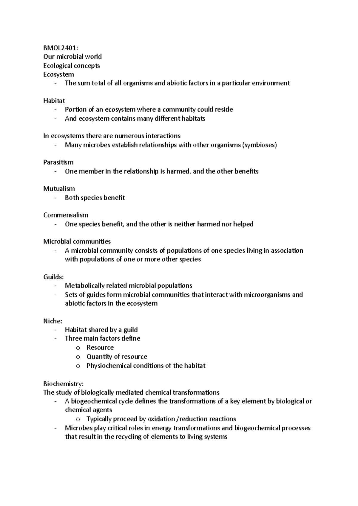 Microbiology - Notes - Bmol2401: Our Microbial World Ecological 