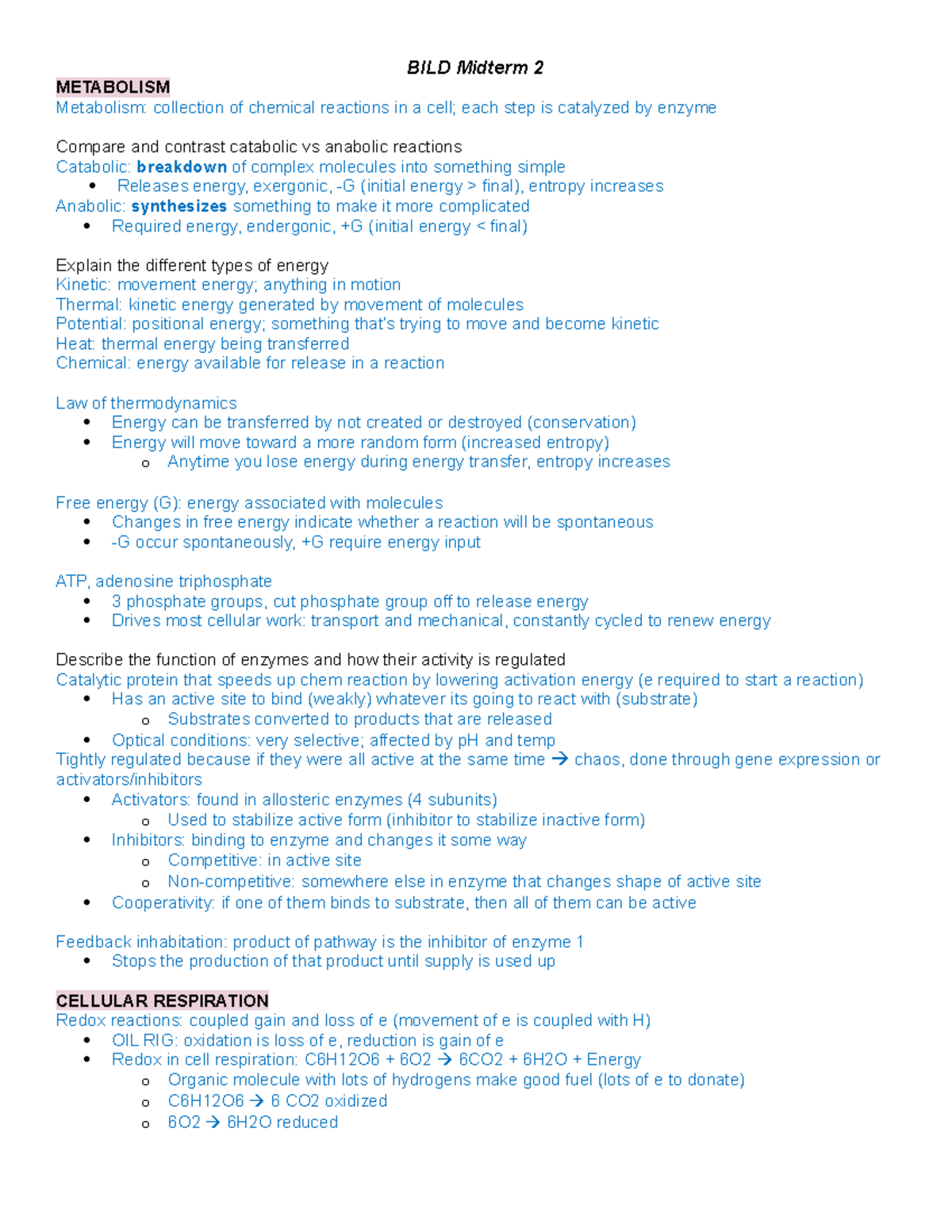 Midterm 2 Study Guide - BILD Midterm 2 METABOLISM Metabolism ...