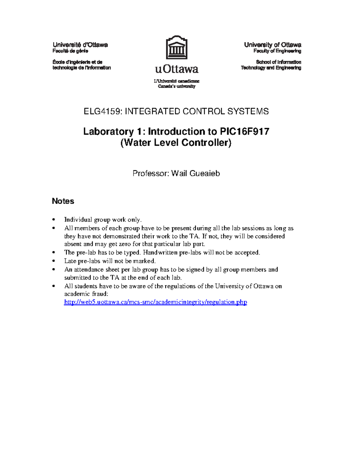 Elg4159-lab1-manual - ELG4159: INTEGRATED CONTROL SYSTEMS Laboratory 1 ...