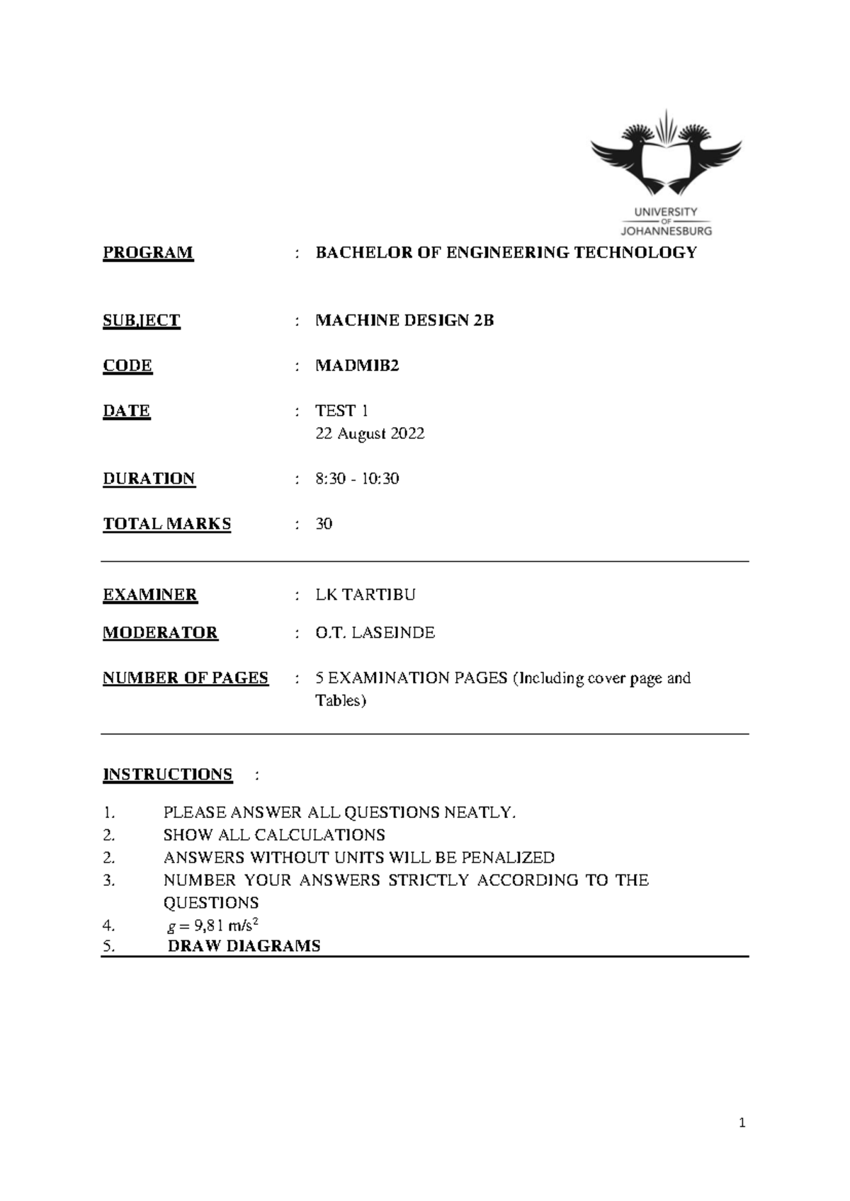 Test 1 August 2022 - test - PROGRAM : BACHELOR OF ENGINEERING ...