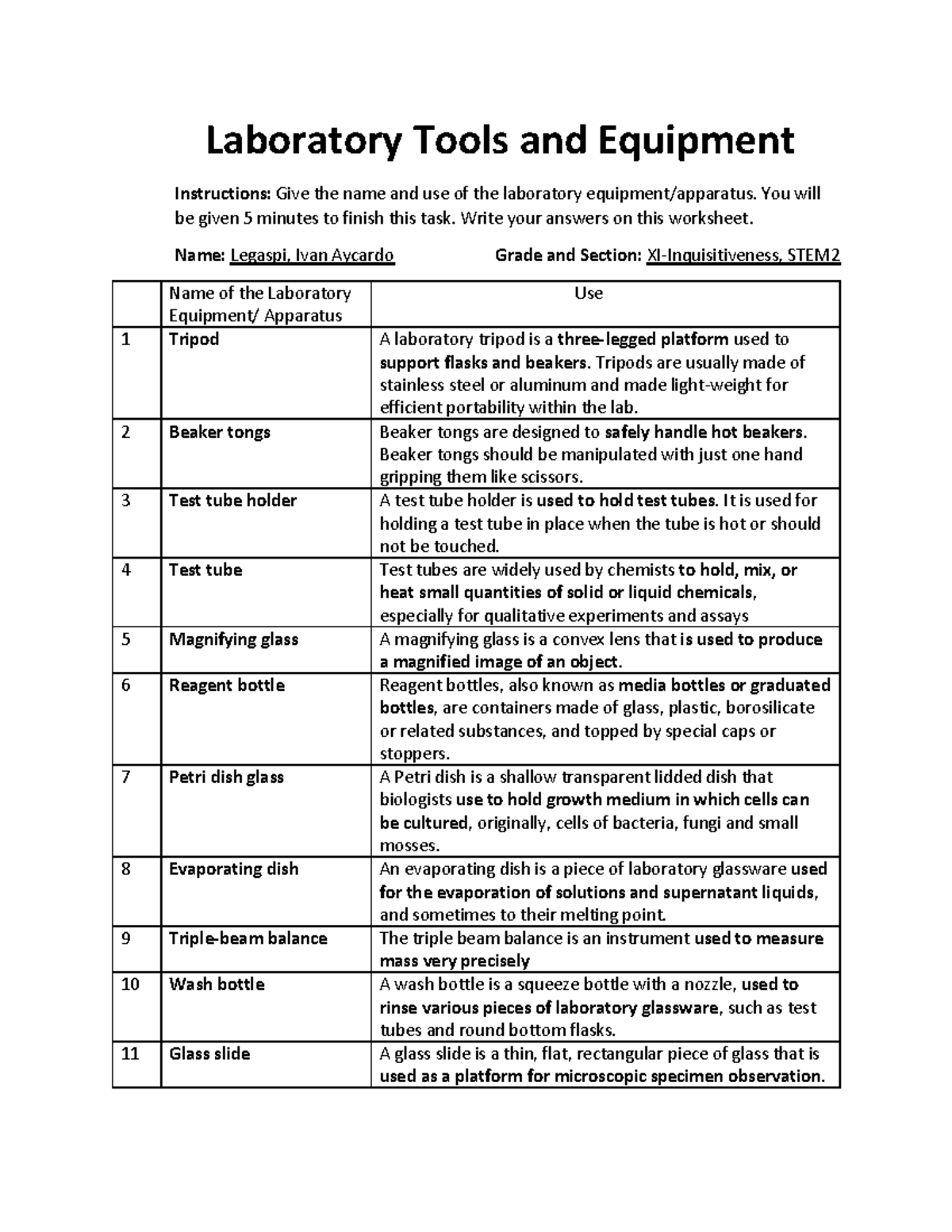 GEN CHEM Laboratory Materials Laboratory Tools and Equipment
