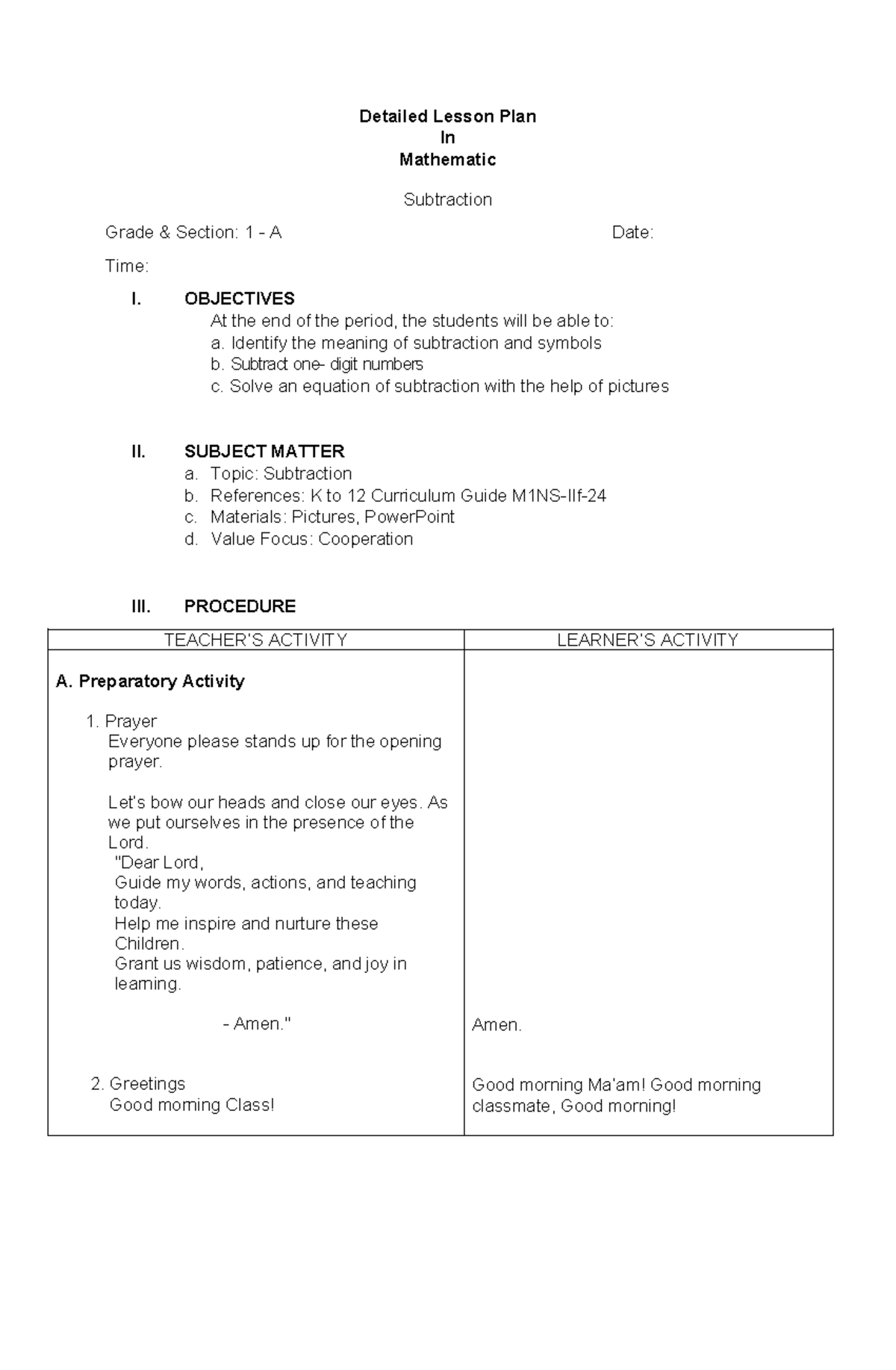 Math 1 Lesson plan - Detailed Lesson Plan In Mathematic Subtraction ...