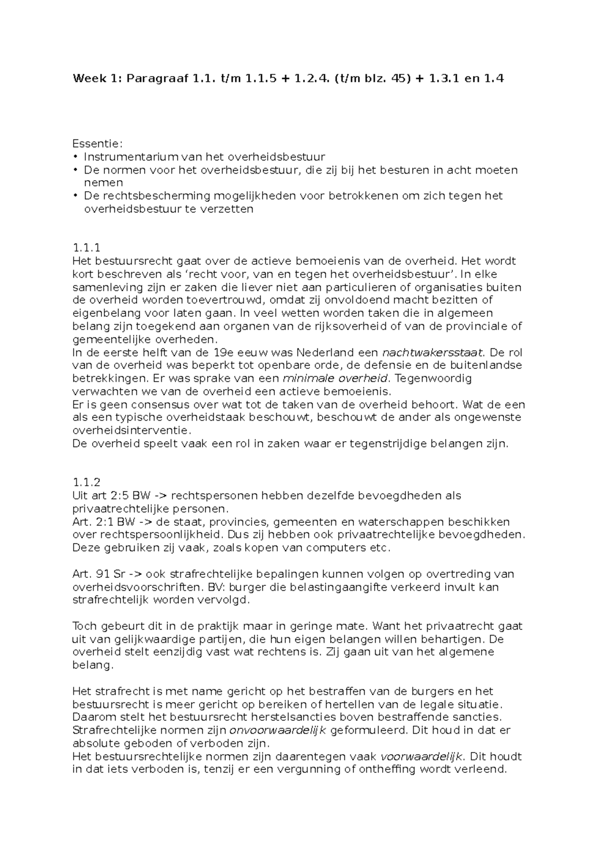 Bestuursrecht Samenvatting - Week 1: Paragraaf 1. T/m 1.1 + 1.2. (t/m ...