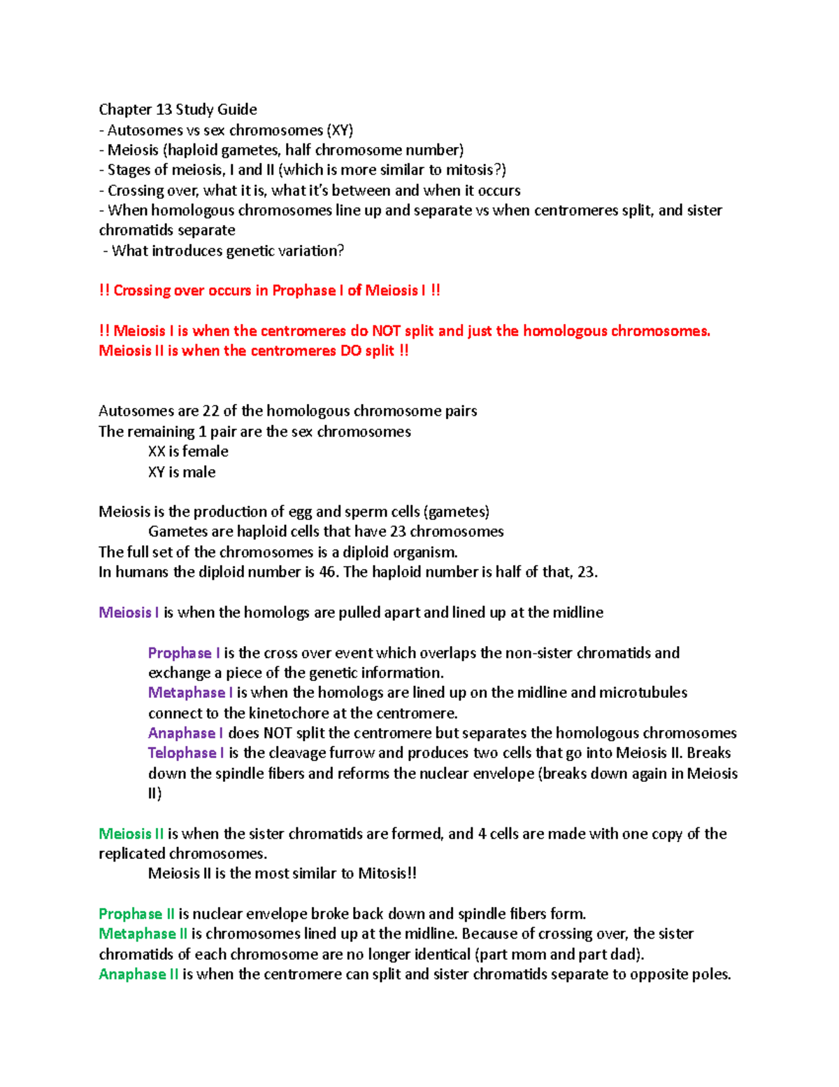 Chapter 13 Study Guide - Chapter 13 Study Guide Autosomes Vs Sex ...