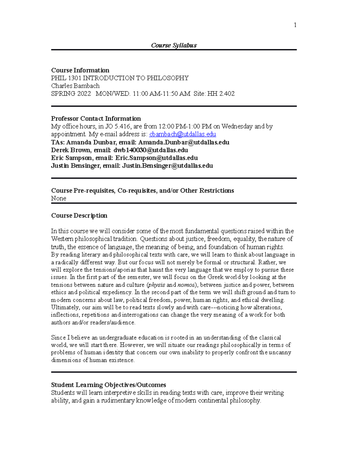 Academic Calendar Utd Spring 2022 Phil 1301 Spring 2022 Syllabus(1) - Course Syllabus Course Information Phil  1301 Introduction To - Studocu