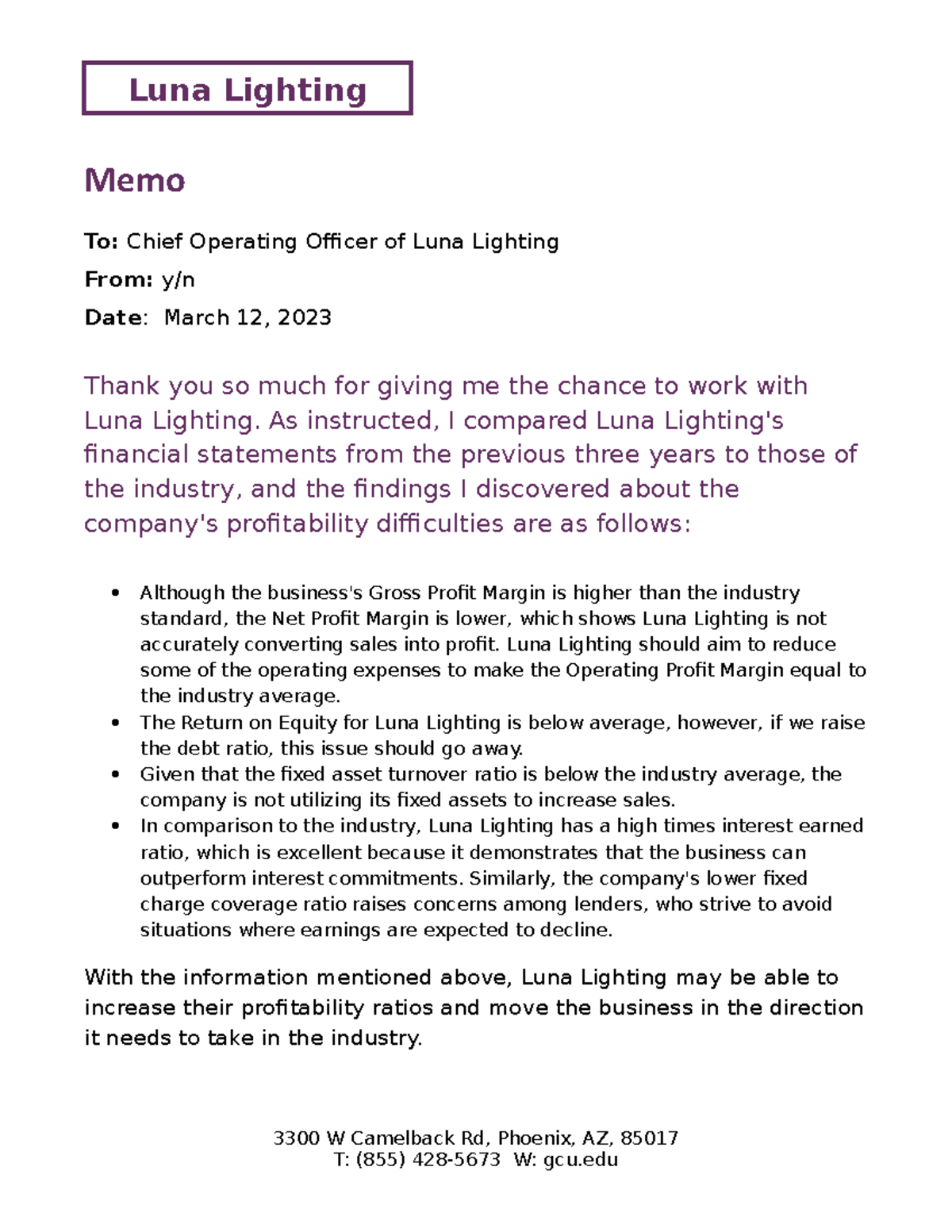 Luna Lighting Memo Got 100 Memo To Chief Operating Officer of