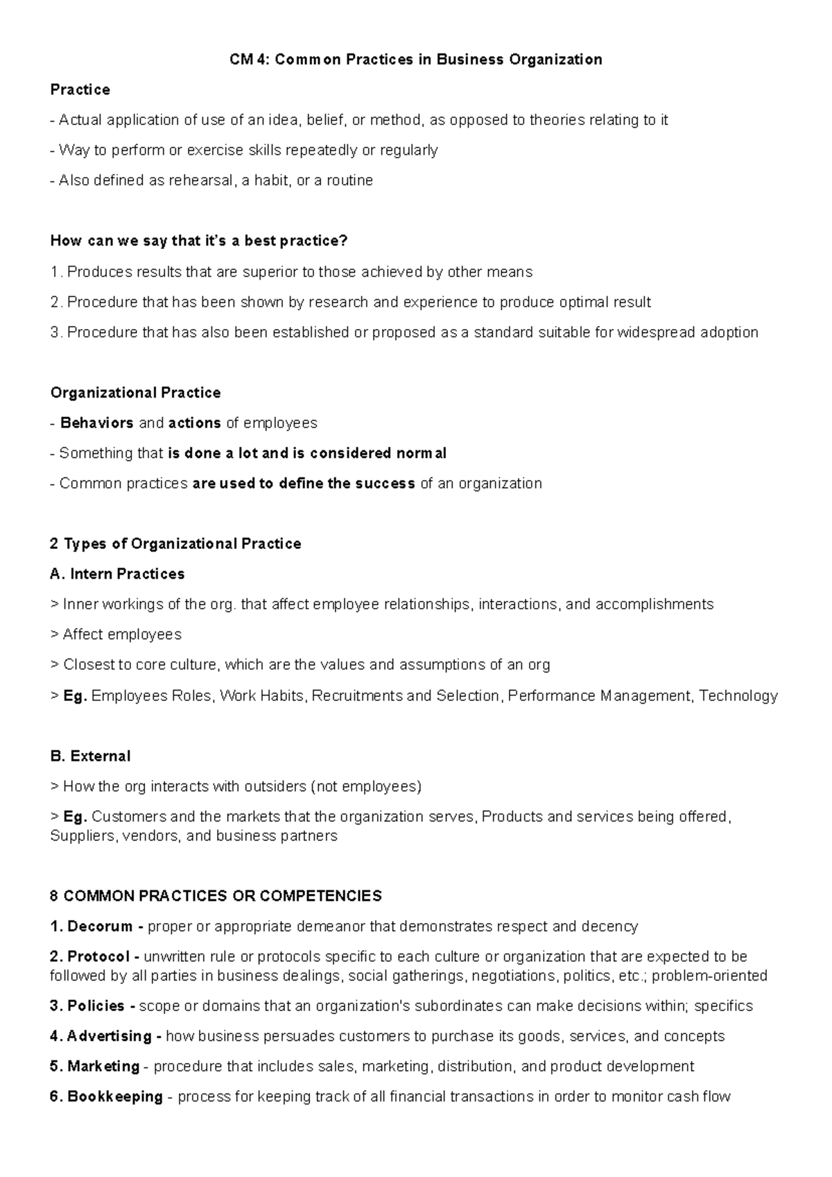 Business Ethics and Resposibility (CM 4) - CM 4: Common Practices in ...