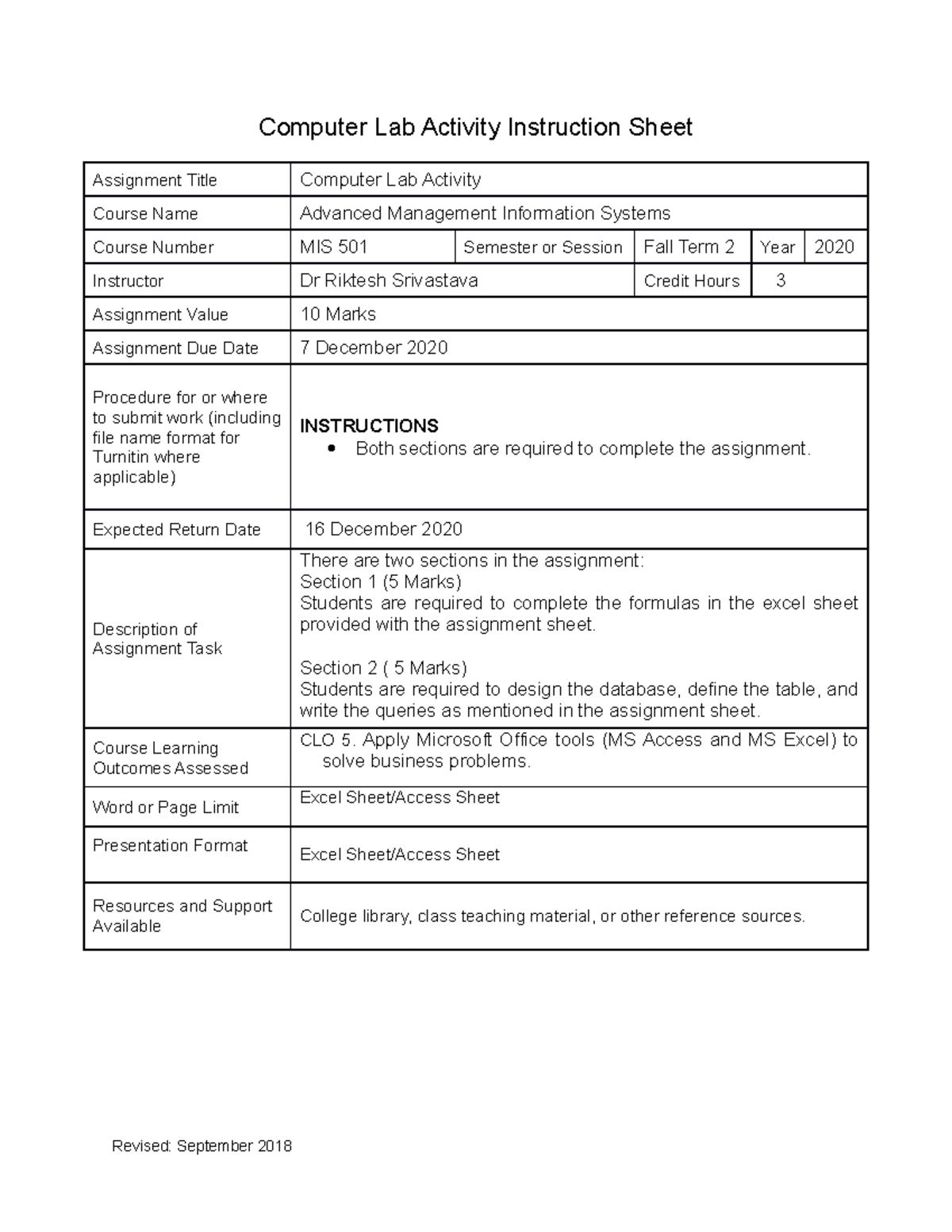 MIS 501 Computer Lab Activity Instruction Sheet Fall Term 2 2020