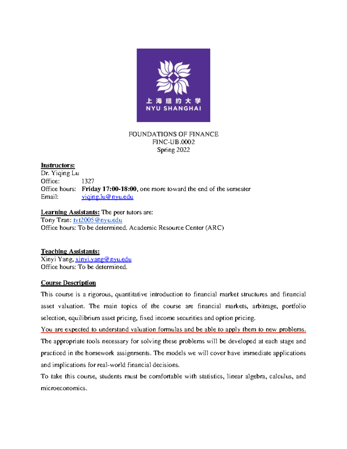 Syllabus Spring 2022 - FOUNDATIONS OF FINANCE FINC-UB. Spring 2022 ...