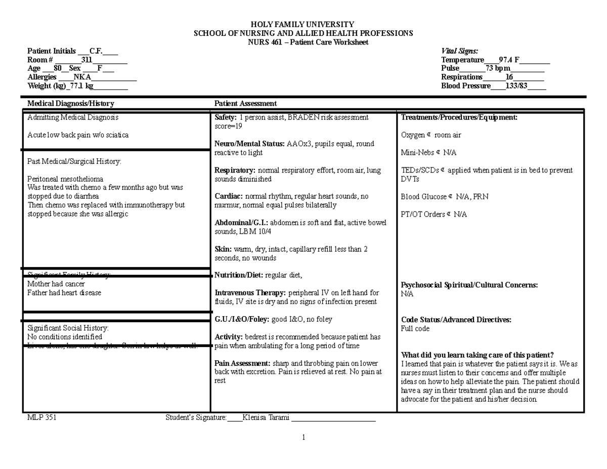 C.F. Care Plan for clinical - HOLY FAMILY UNIVERSITY SCHOOL OF NURSING ...