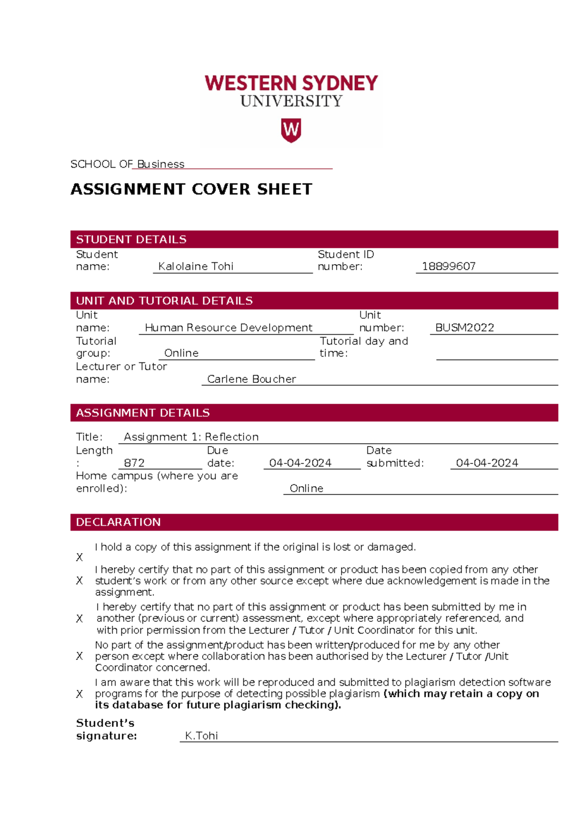 HRD Assignment 1 - SCHOOL OF Business ASSIGNMENT COVER SHEET STUDENT ...
