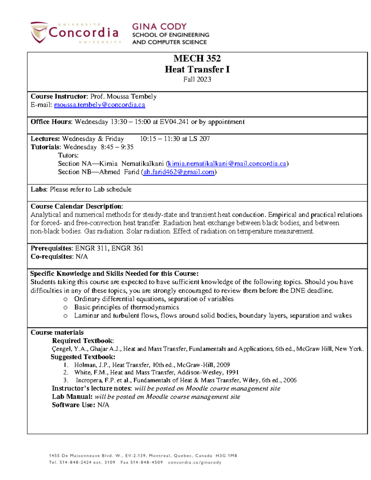 MECH352 - Course Outline - Fall 2023 - MECH 352 Heat Transfer I Fall ...