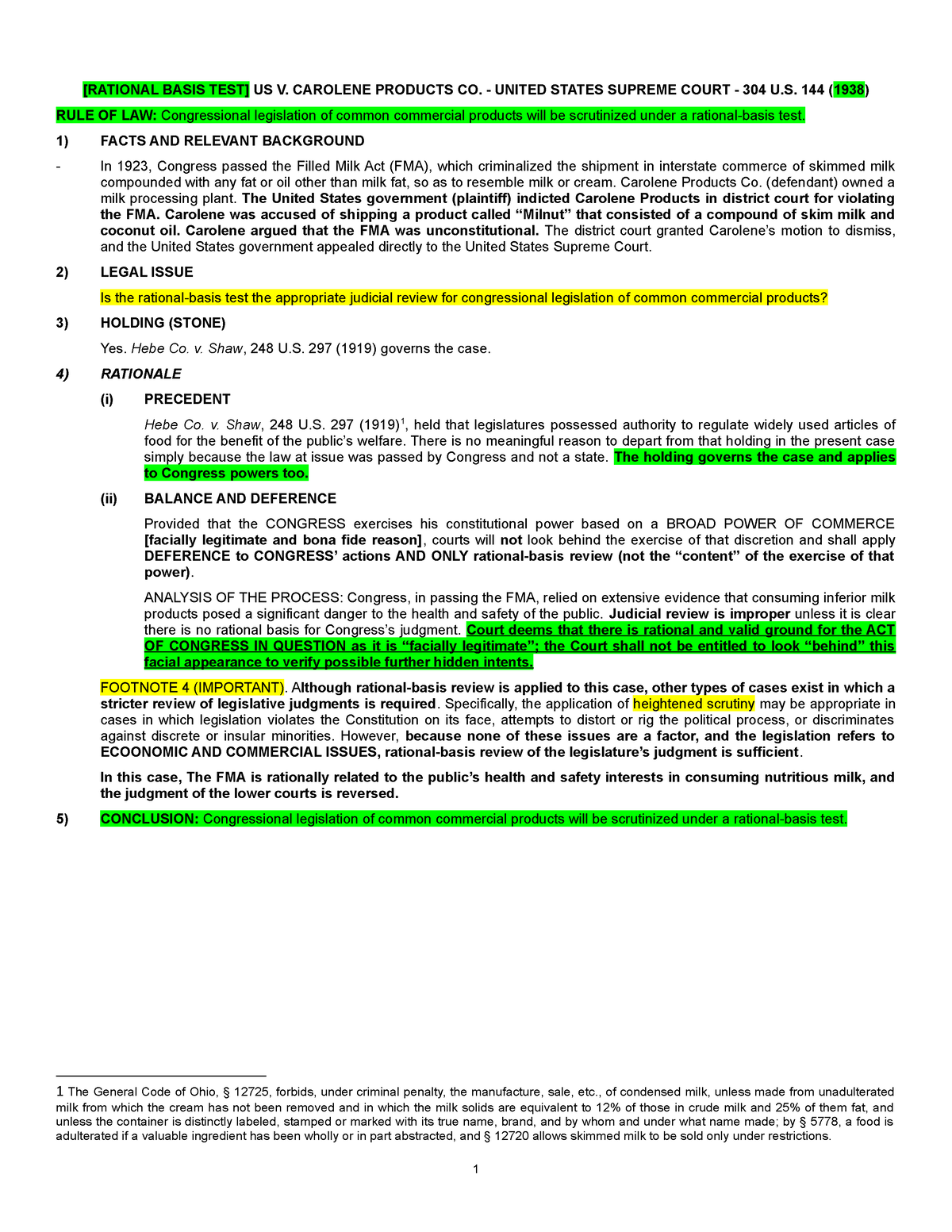 Case brief US v. Carolene Products [RATIONAL BASIS TEST] US V