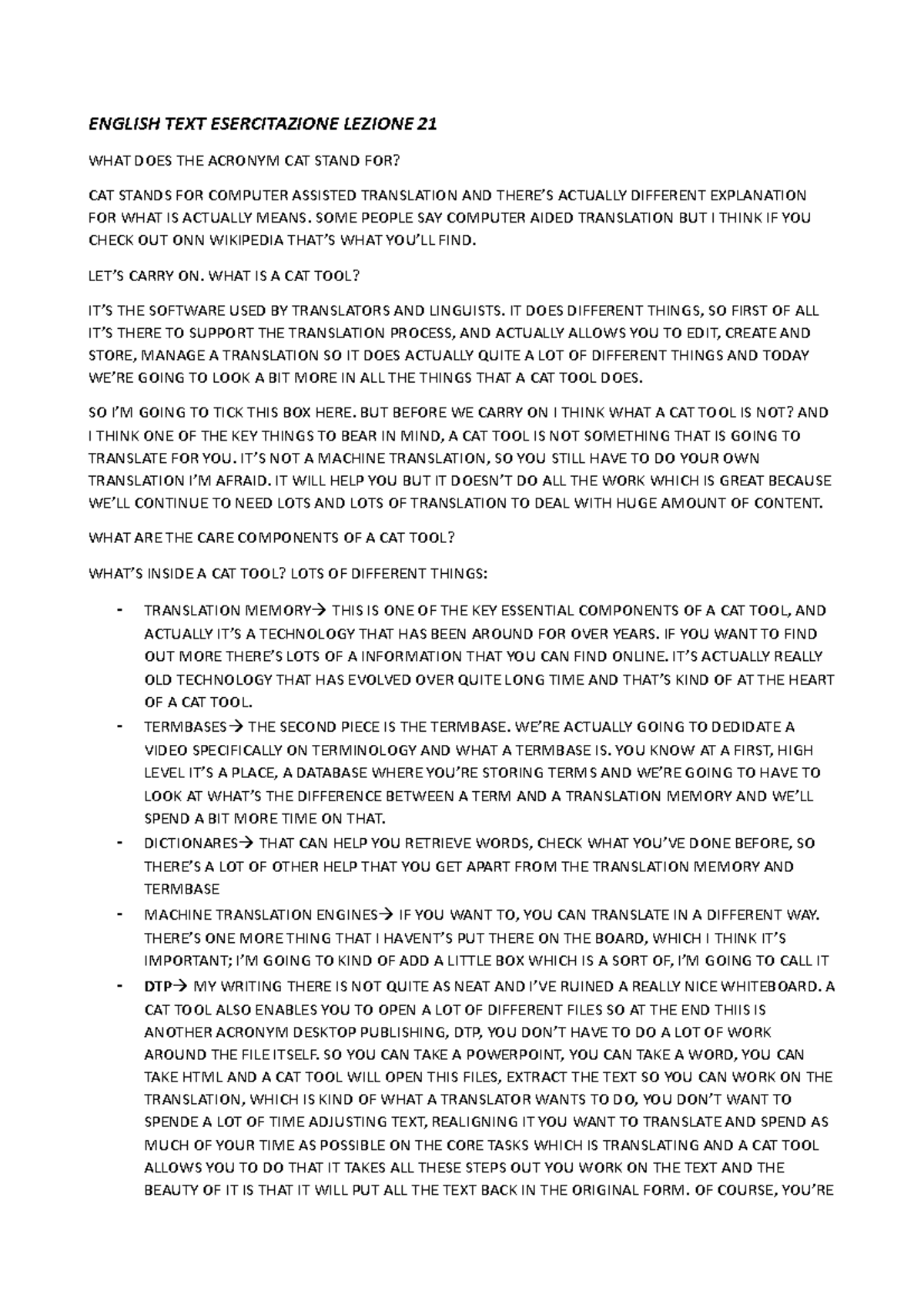 Video inglese Originale E Tradotto ENGLISH TEXT ESERCITAZIONE LEZIONE