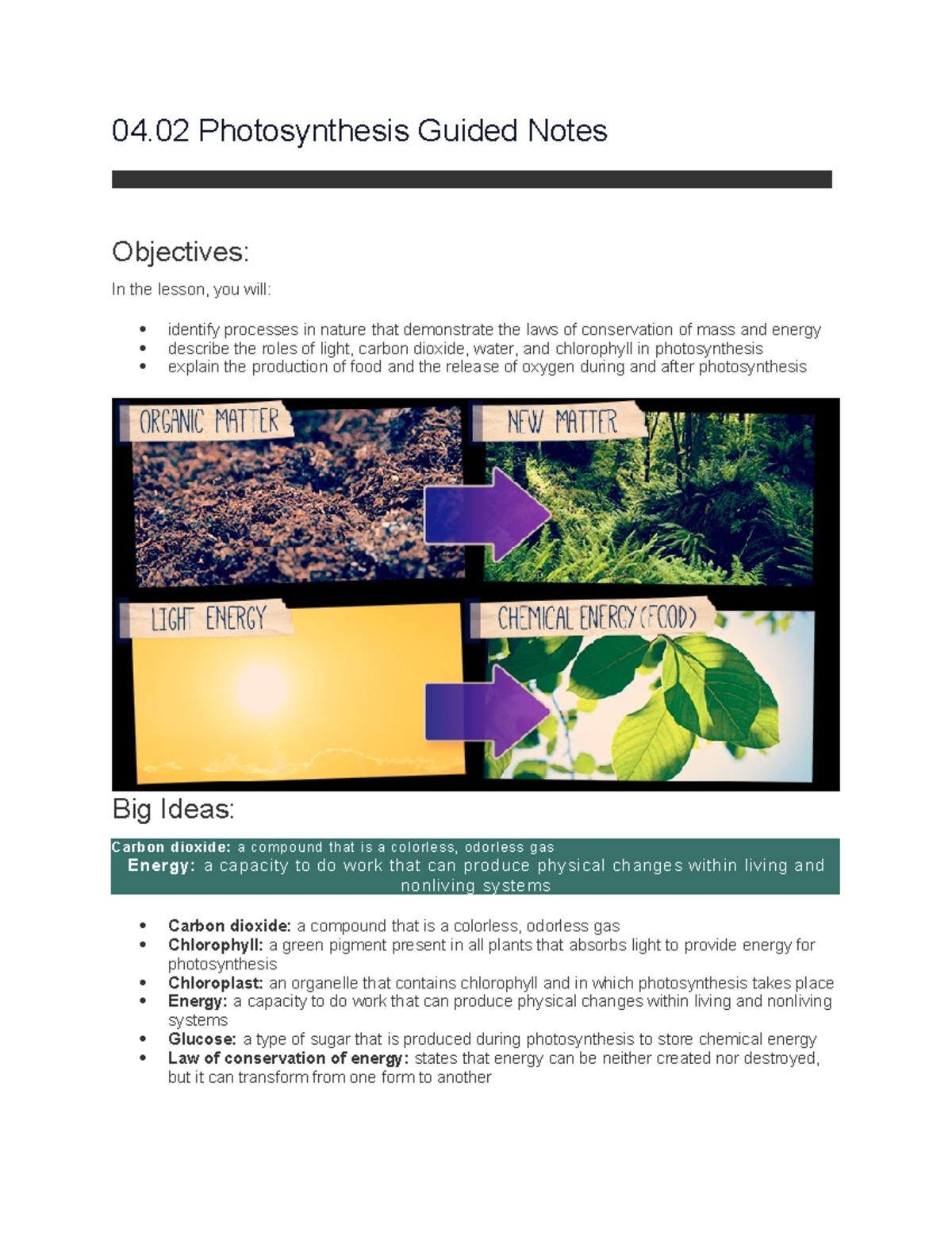 04.02 Photosynthesis Guided Notes - 04 Photosynthesis Guided Notes  Objectives: In the lesson, you - Studocu