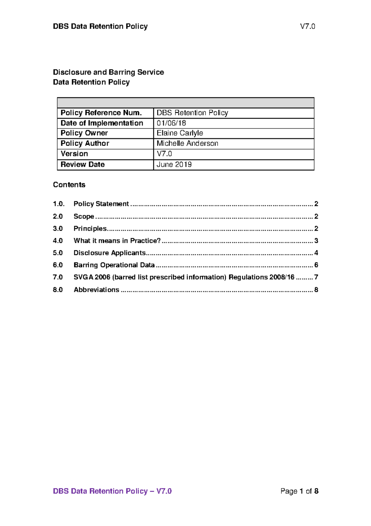 12062018 Data Retention Policy V7 Disclosure And Barring Service Data