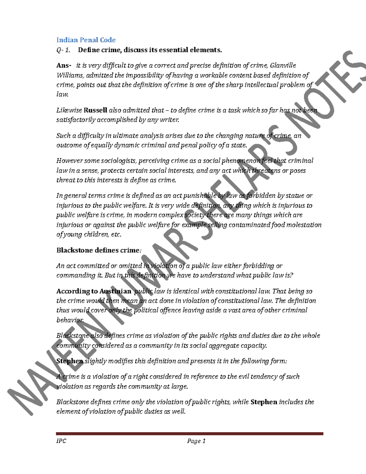 IPC IPC Simple Notes Indian Penal Code Q 1. Define crime, discuss its essential elements