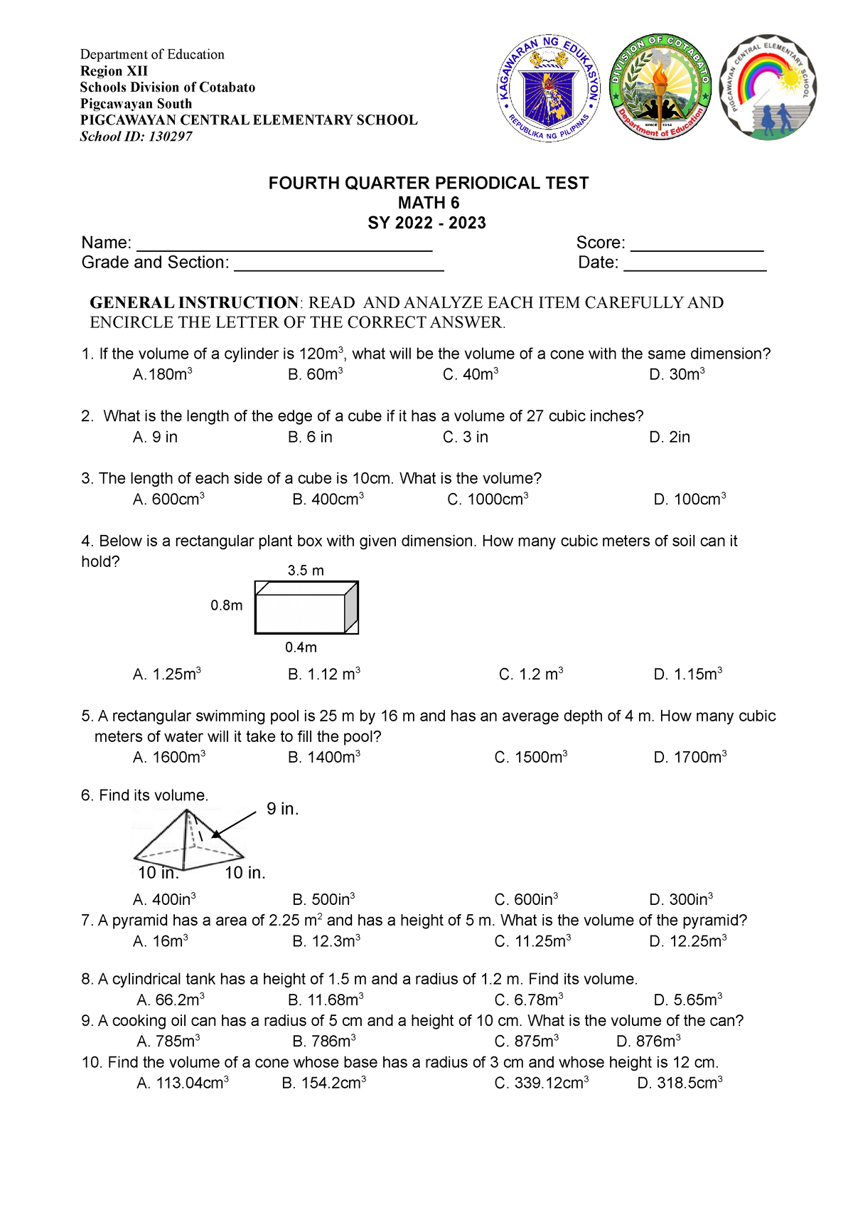 6 - 4th Grading - Lecture - FOURTH QUARTER PERIODICAL TEST MATH 6 SY ...