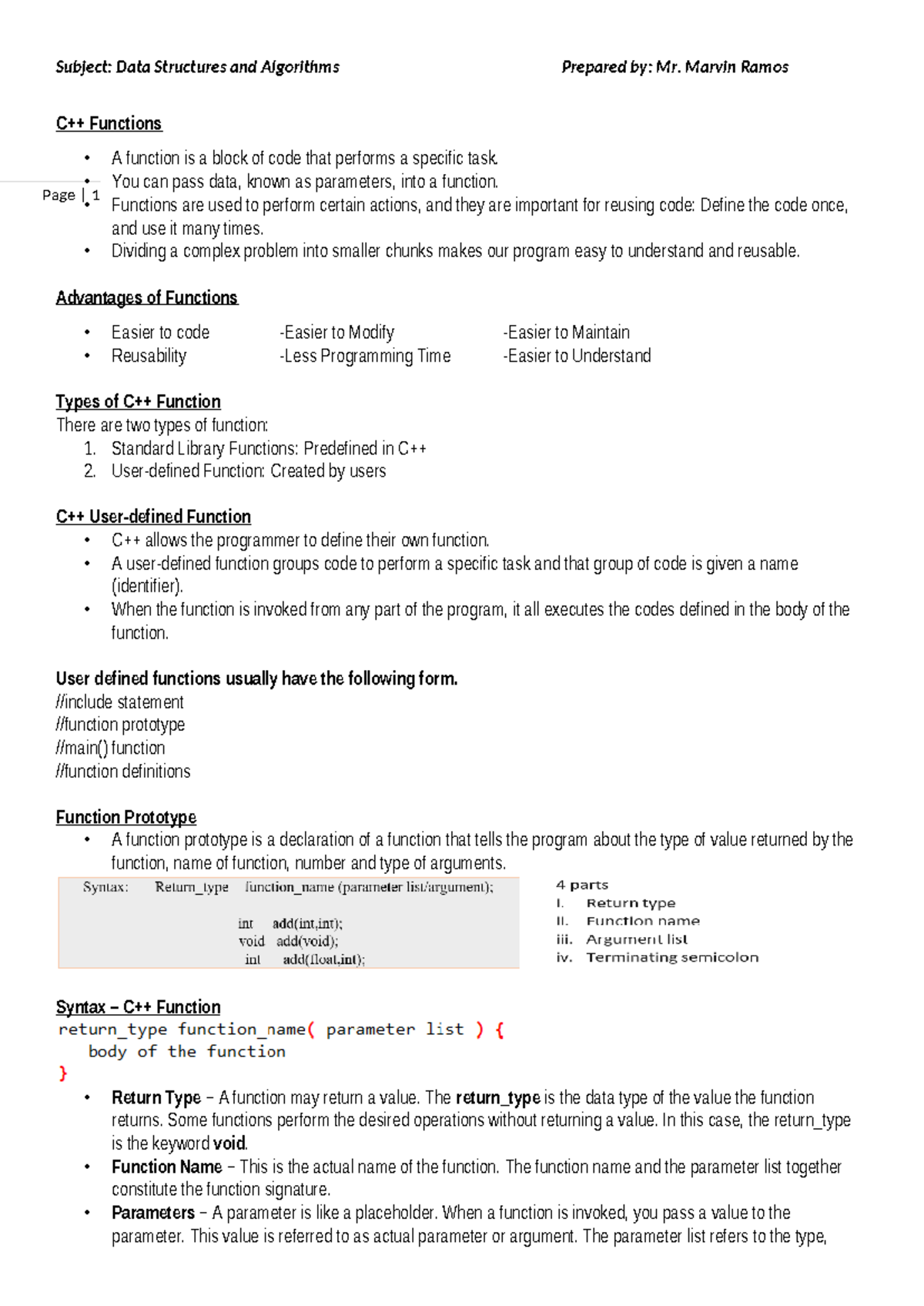 C++ Functions - Page | 1 C++ Functions • A function is a block of code ...