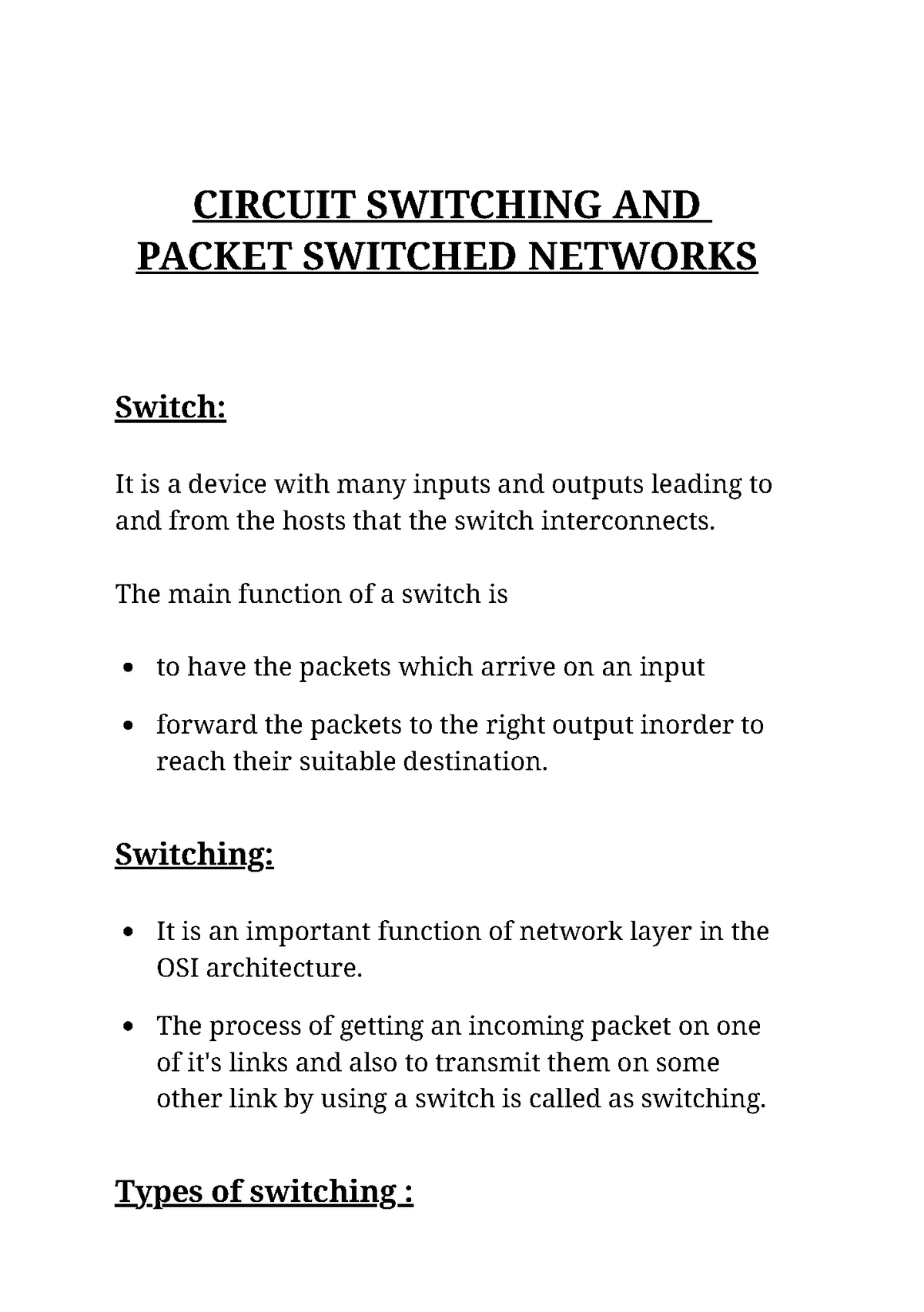 Circuit Switching AND Packet Switched Networks - CIRCUIT SWITCHING AND ...