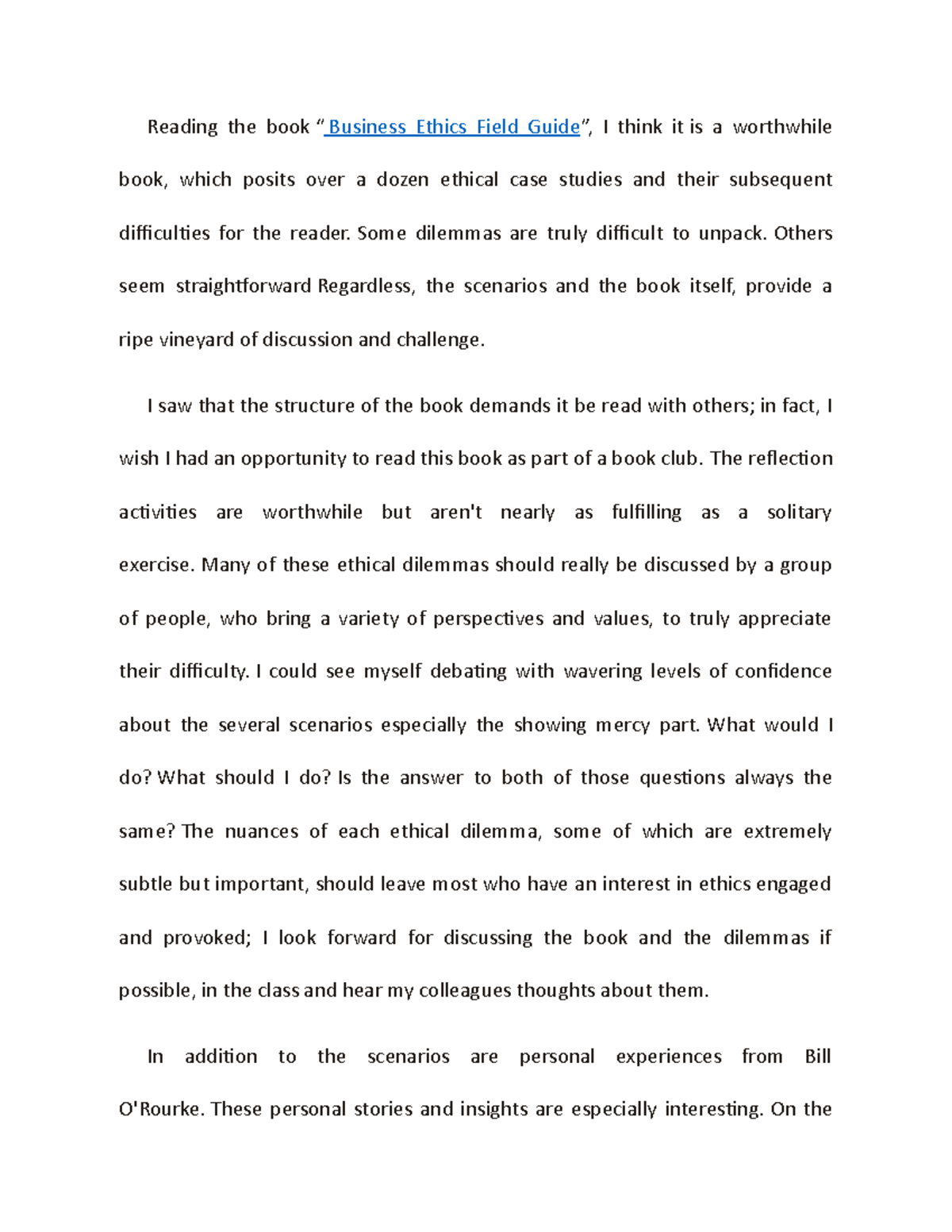 Week 14 Reflection Paper Muntaser Reading The Book Business Ethics