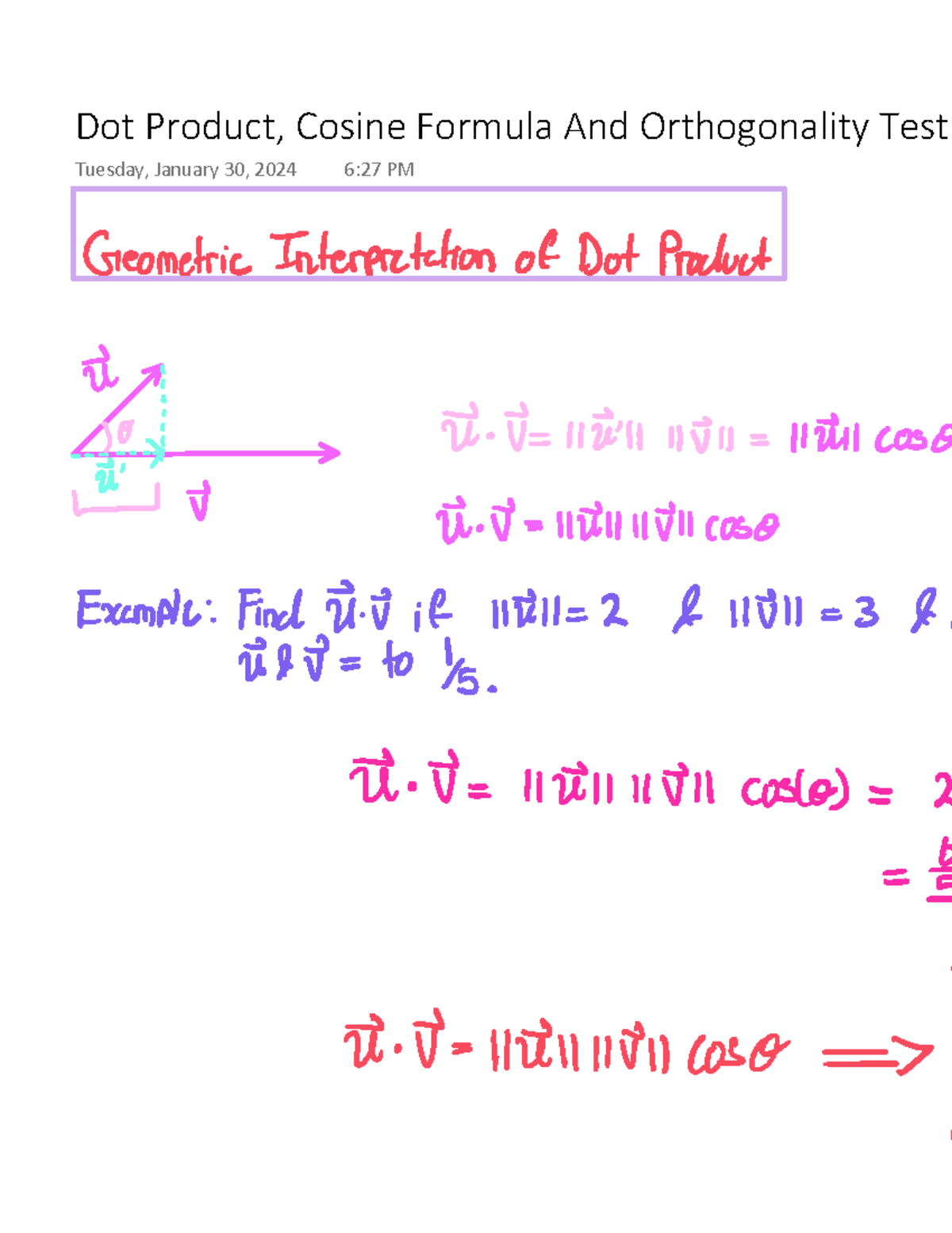 Dot Product, Cosine Formula And Orthogonality Test - 1229 - Studocu