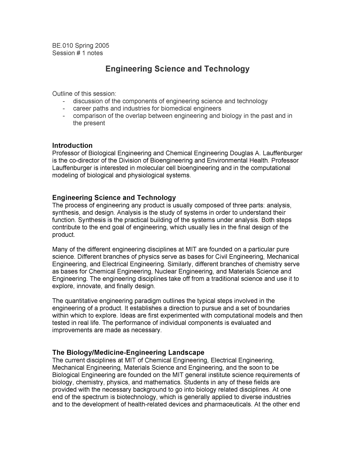 Bioengineering Science Lecture Notes - BE Spring 2005 Session # 1 notes ...