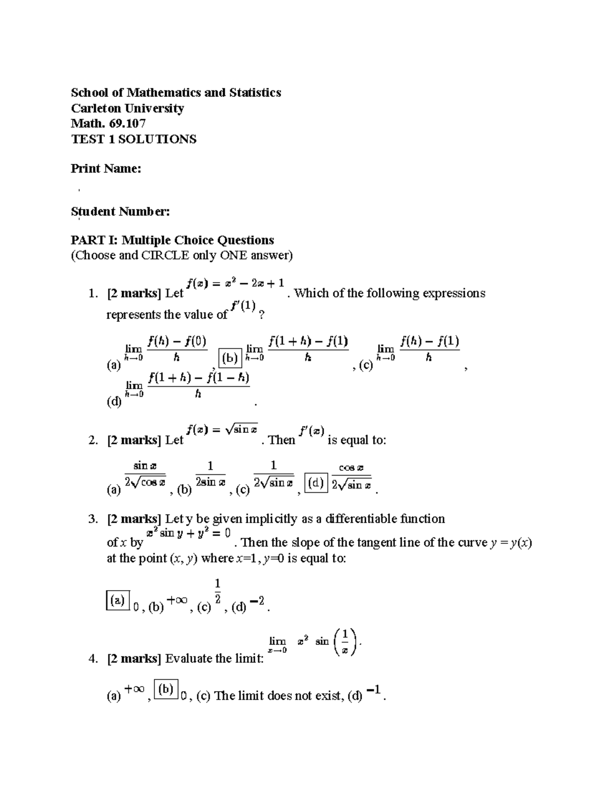 Test 01 2000, questions and answers - School of Mathematics and ...